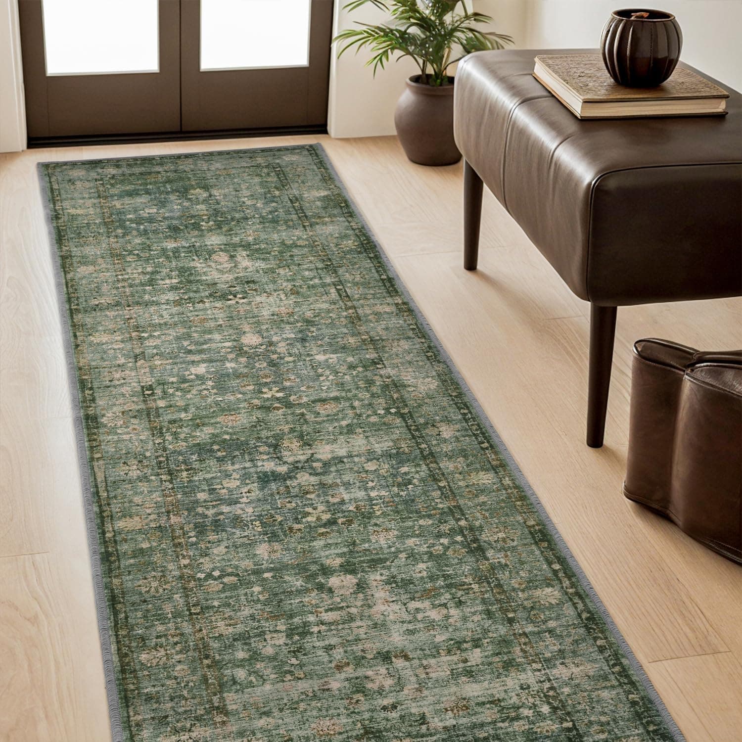 2x6 Runner Rugs for Hallways Washable Area Rugs Low-Pile, Vintage Bathroom Runner Rug Non Slip, Distressed Ultra-Thin Indoor Carpet Bedside Rug, Green