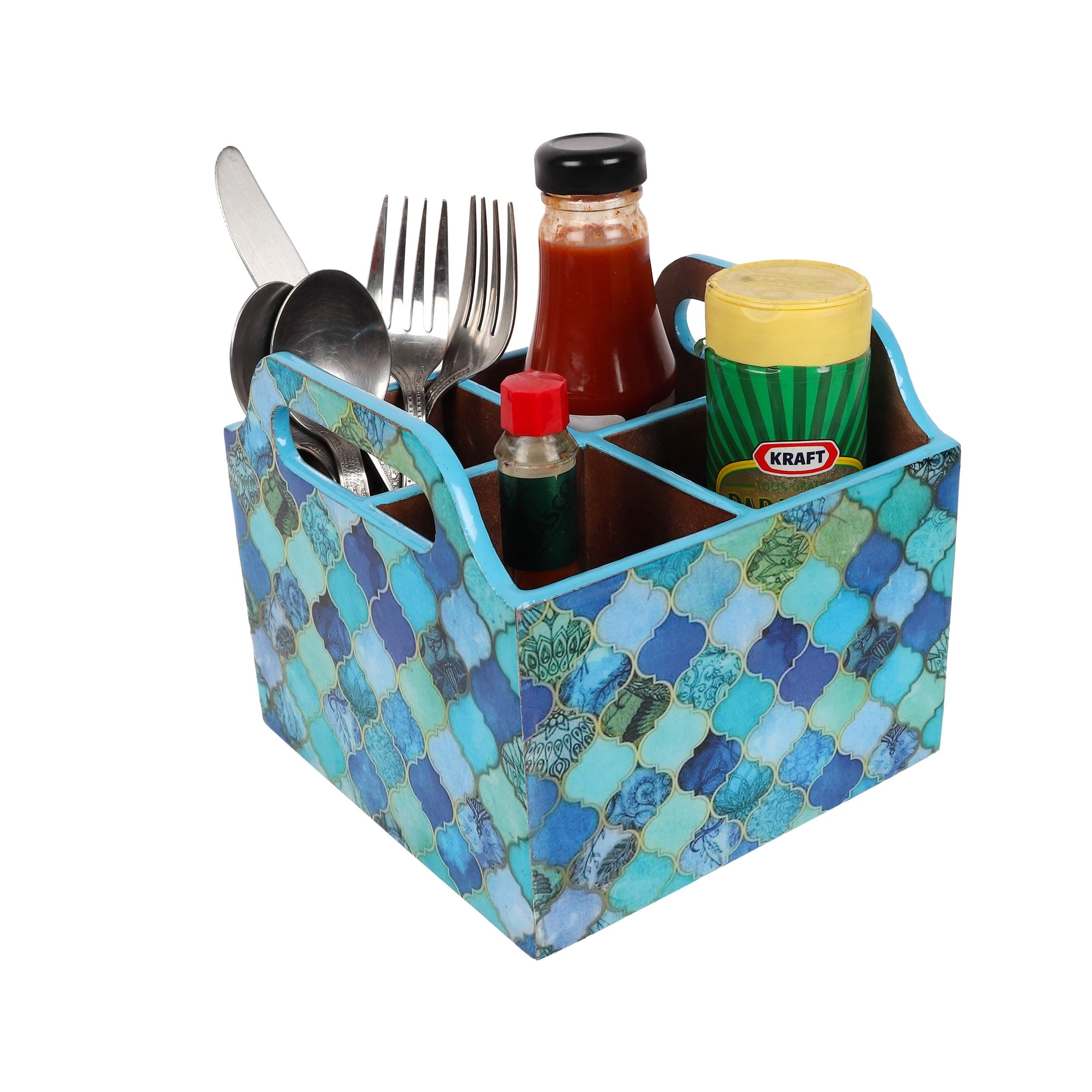 BeFunky MDF Wooden Special Enamel Coating Cutlery Stand with 4 Compartments/Holder for Dining Table and Kitchen (Blue Net)