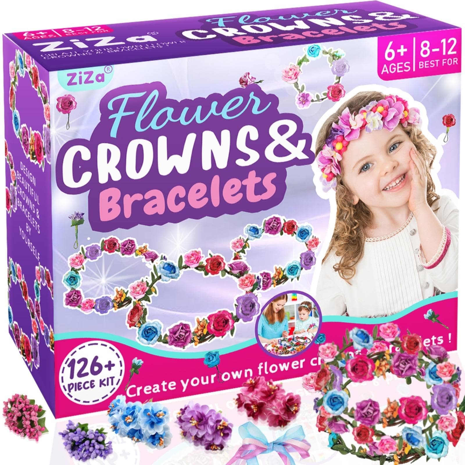 ZiZa Flower Crowns & Bracelet Jewelry Making Kit for Girls, Crafts for Kids Ages 4-8, Crafts for Girls Ages 8-12, Arts and Crafts for Kids Ages 8-12, DIY Hair Accessories Set
