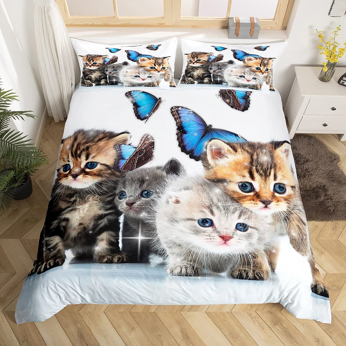 Cats Kids Bedding Set Cute Kitten Pattern Comforter Cover for Girls Boys Women Kawaii Cat Animal Printed Duvet Cover Blue Butterflies Decor Quilt Cover Lovely Cat Pattern Bedspread, Twin SizeOEKO-TEX STANDARD 100