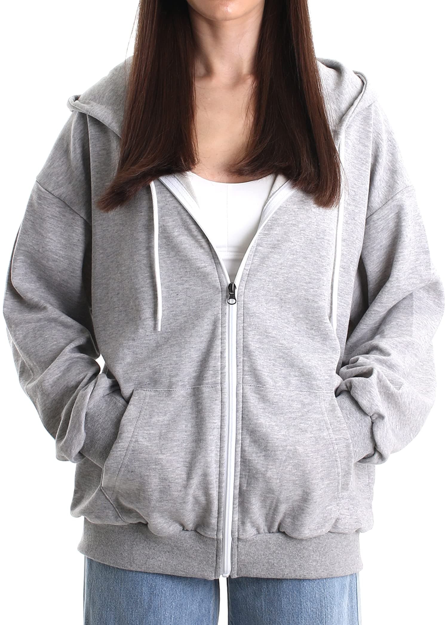 Oversized Women's Casual Full-Zip Hoodie Lightweight Long Sleeve Sweatshirt Casual Jacket with Pocket