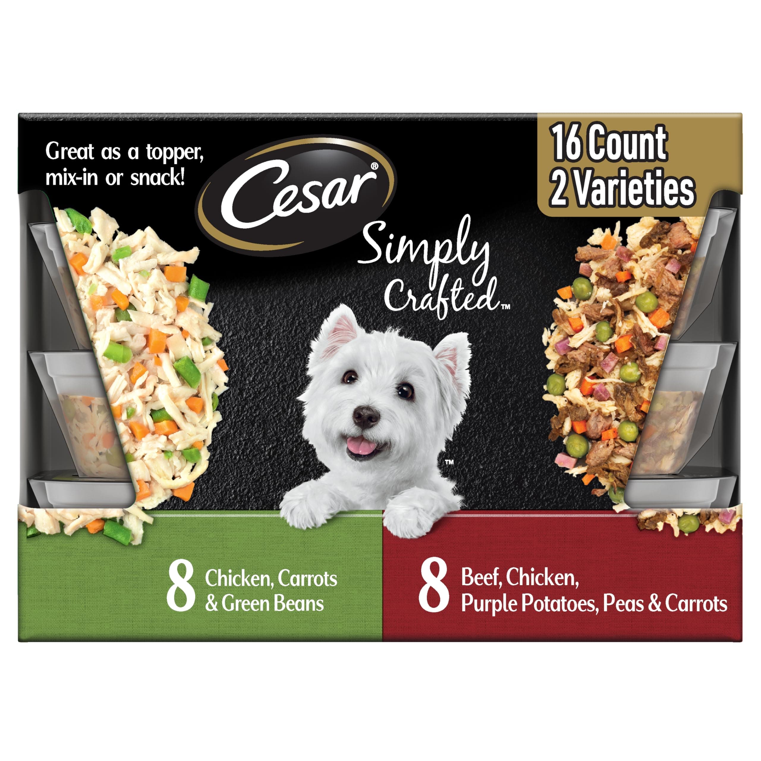 Simply Crafted Wet Dog Food Toppers for Dry Food, Chicken, Carrots & Green Beans and Beef, Chicken, Purple Potatoes, Peas & Carrots Meal Topper, 1.3 oz. Tub, 16 Count