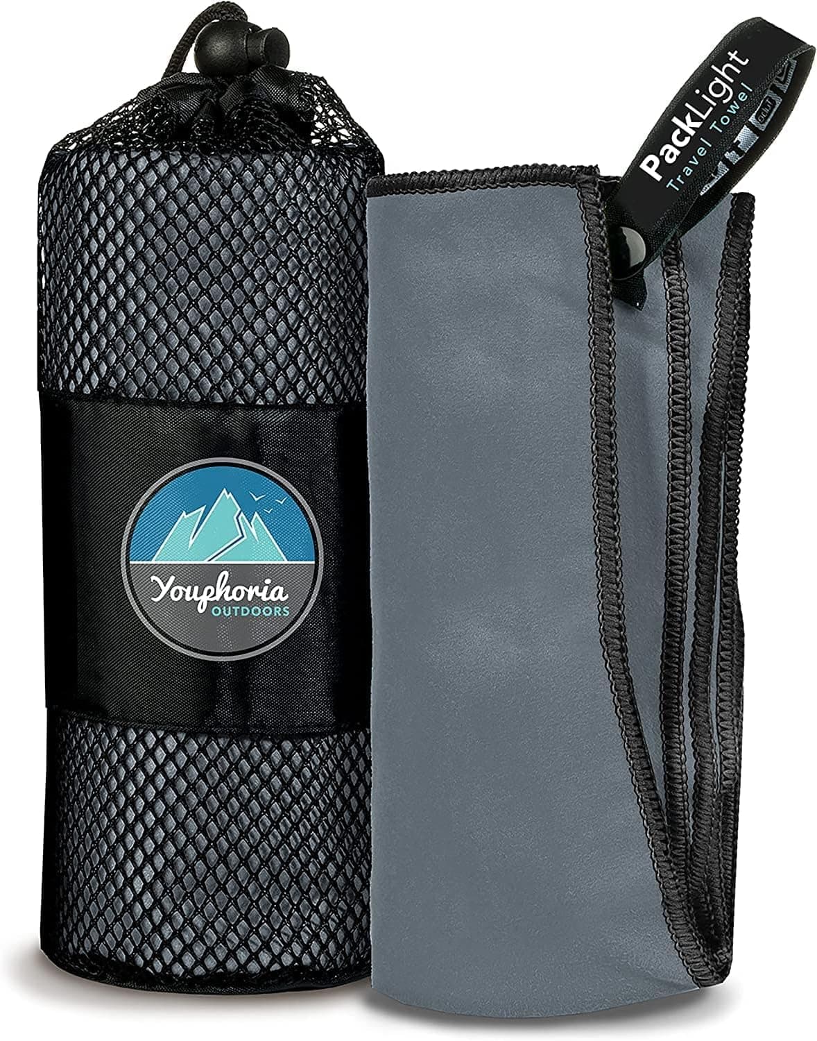 Youphoria Outdoors (70cm x 140cm, Gray/Black) - Microfiber Travel Towel - Ideal Fast Drying Towels for Camping,Travel, Beach, Backpacking, Gym, Sports, and Swimming - Lightweight, Quick Dry and Ab...