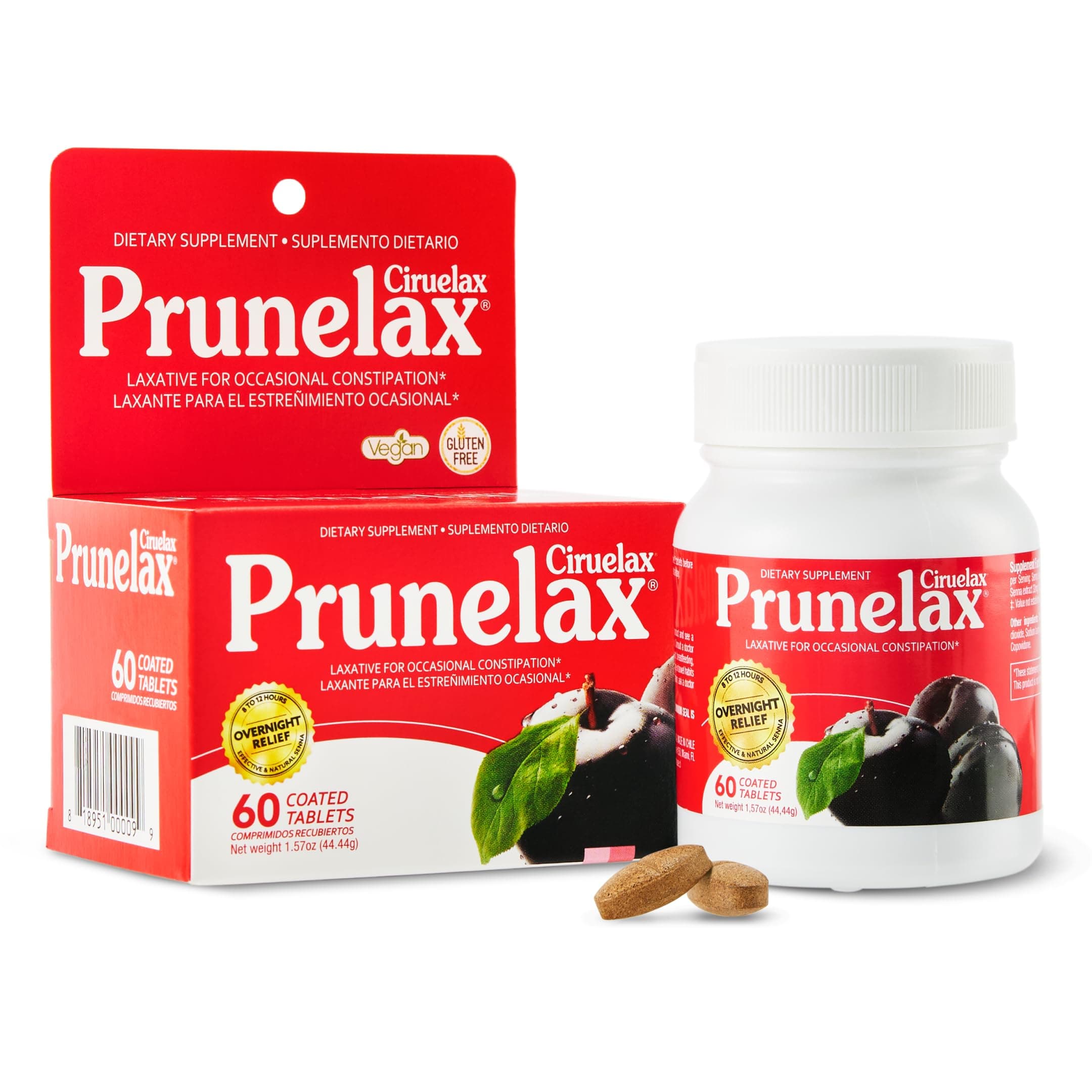 Prunelax Ciruelax Regular Strength Laxative Tablets - Overnight Relief for Occasional Constipation, Senna Extract, Vegan & Gluten-Free, Fast-Acting Gentle Relief - 60ct