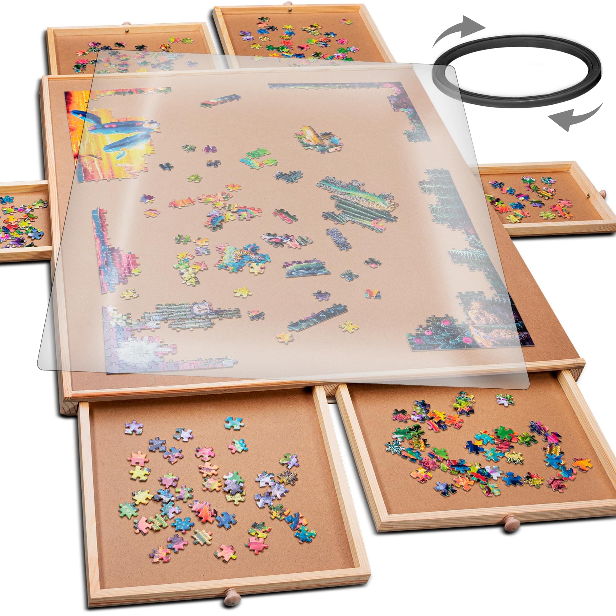 PLAYVIBE 1500 Piece Rotating Wooden Jigsaw Puzzle Table - 6 Drawers, Portable Puzzle Board with Cover - 27” X 35”