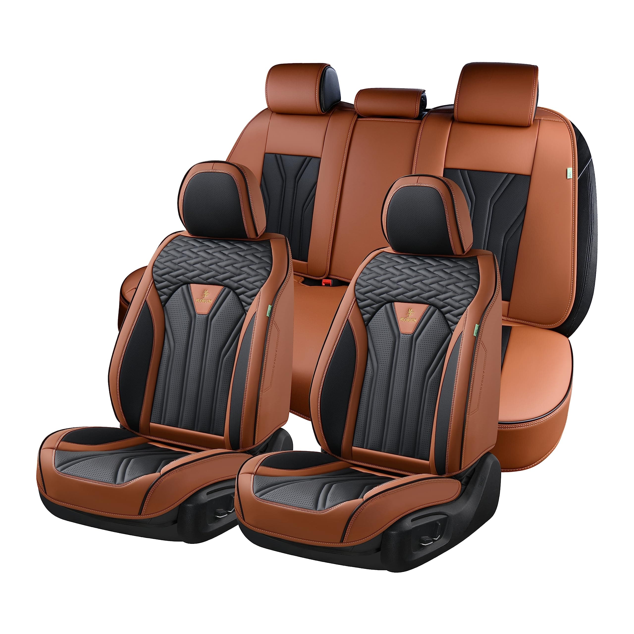 FLORICH Leather Seat Covers Full Set, 5 Seats Universal Seat Covers for Cars, Waterproof Napa Seat Cushions, Auto Vehicle Front and Rear Seat Protectors Fit for Most Cars Trucks-Brown&Black