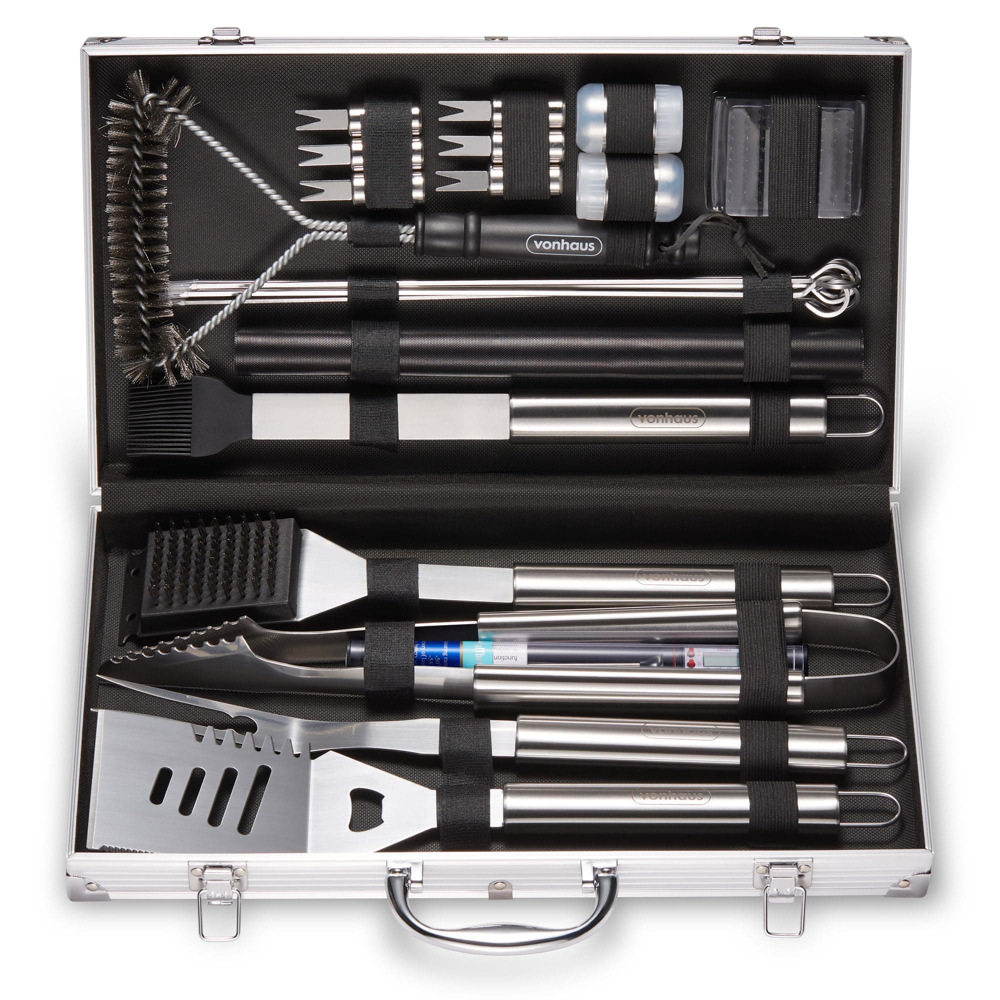 BBQ Tool Set with Case, 25Pcs BBQ Accessories Kit Including Spatula, Fork, Tongs, Thermometer, Barbecue Grill Mat, Basting Brush & Cleaner, Heavy Duty Utensils for Outdoor Cooking