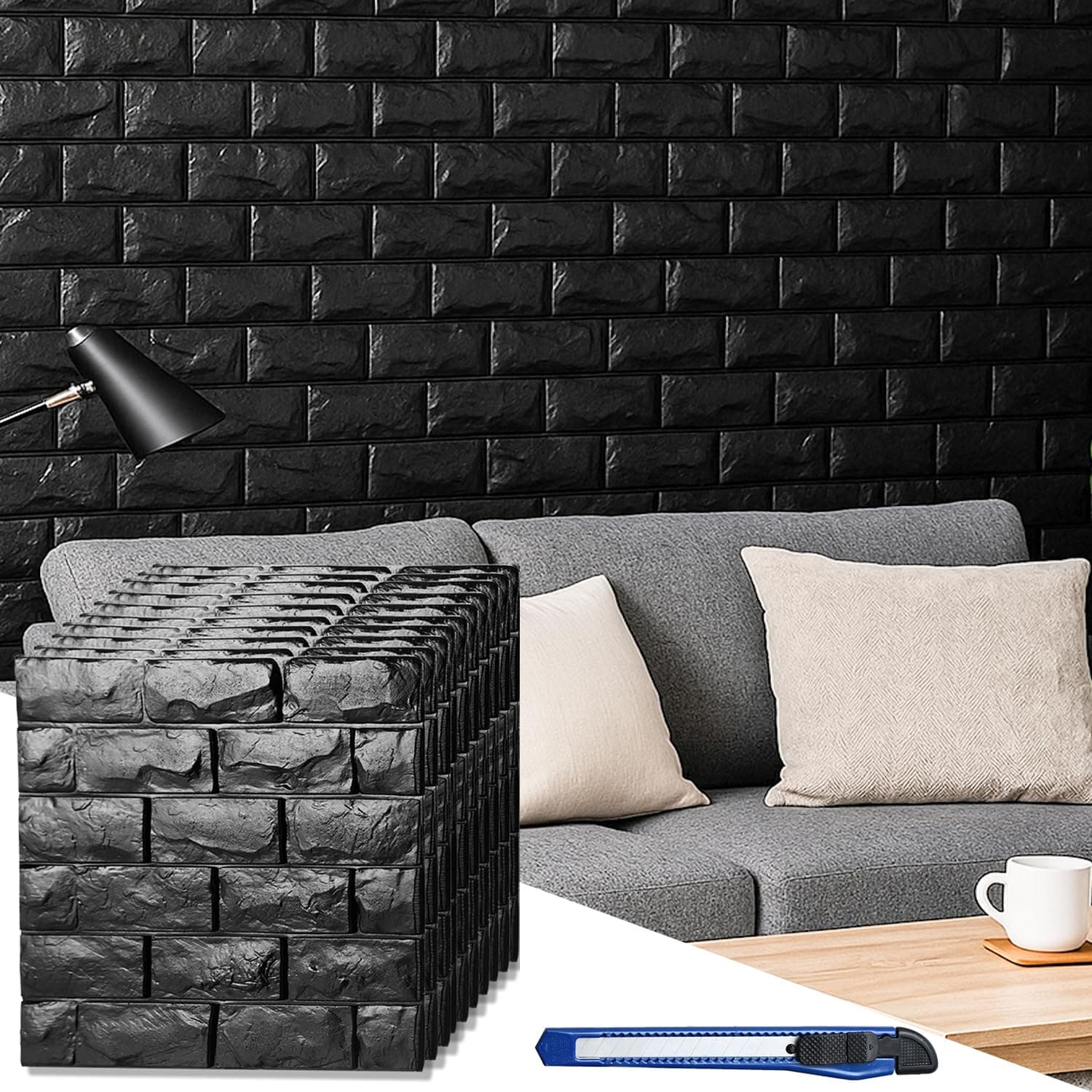 Circloophs 3D Wall Panels Stick and Peel, Black Brick Printable 3D Wallpaper Stick and Peel Self Adhesive Waterproof Foam Faux Brick Paneling for Bedroom, Bathroom, Kitchen, Fireplace (11, Black)