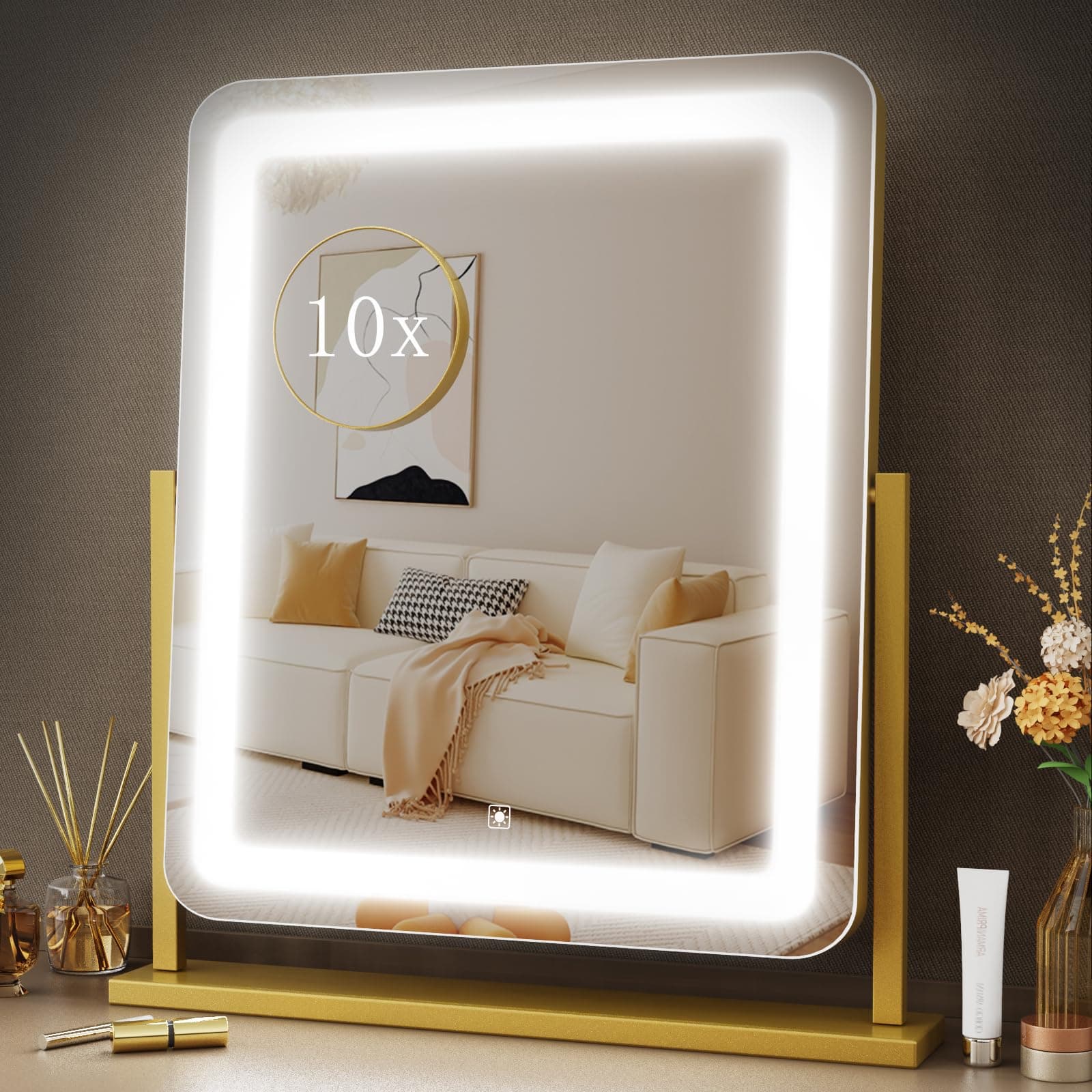 Gvnkvn Lighted Makeup Mirror, Hollywood Vanity Mirror with Lights, Three Color Lighting Modes, and Detachable 10X Magnification Mirror, Smart Touch Control, 360°Rotation (15.2in. Gold)