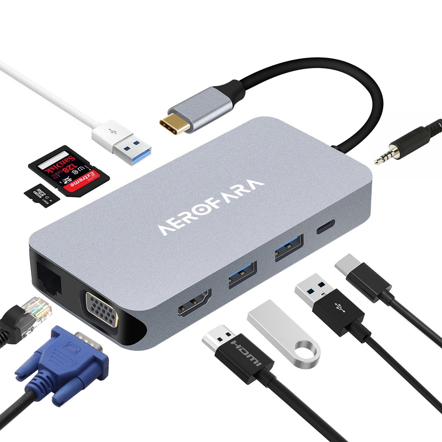 USB C Hub USB C Adapter,Hub USB C to HDMI and VGA Dual Display, USB 3.0 * 3, 3,5mm Audio,Gigabit-Ethernet,SD/TF carte Port PD for MacBook Pro,New iPad Pro, HP Spectre X360, Surface Pro Grey