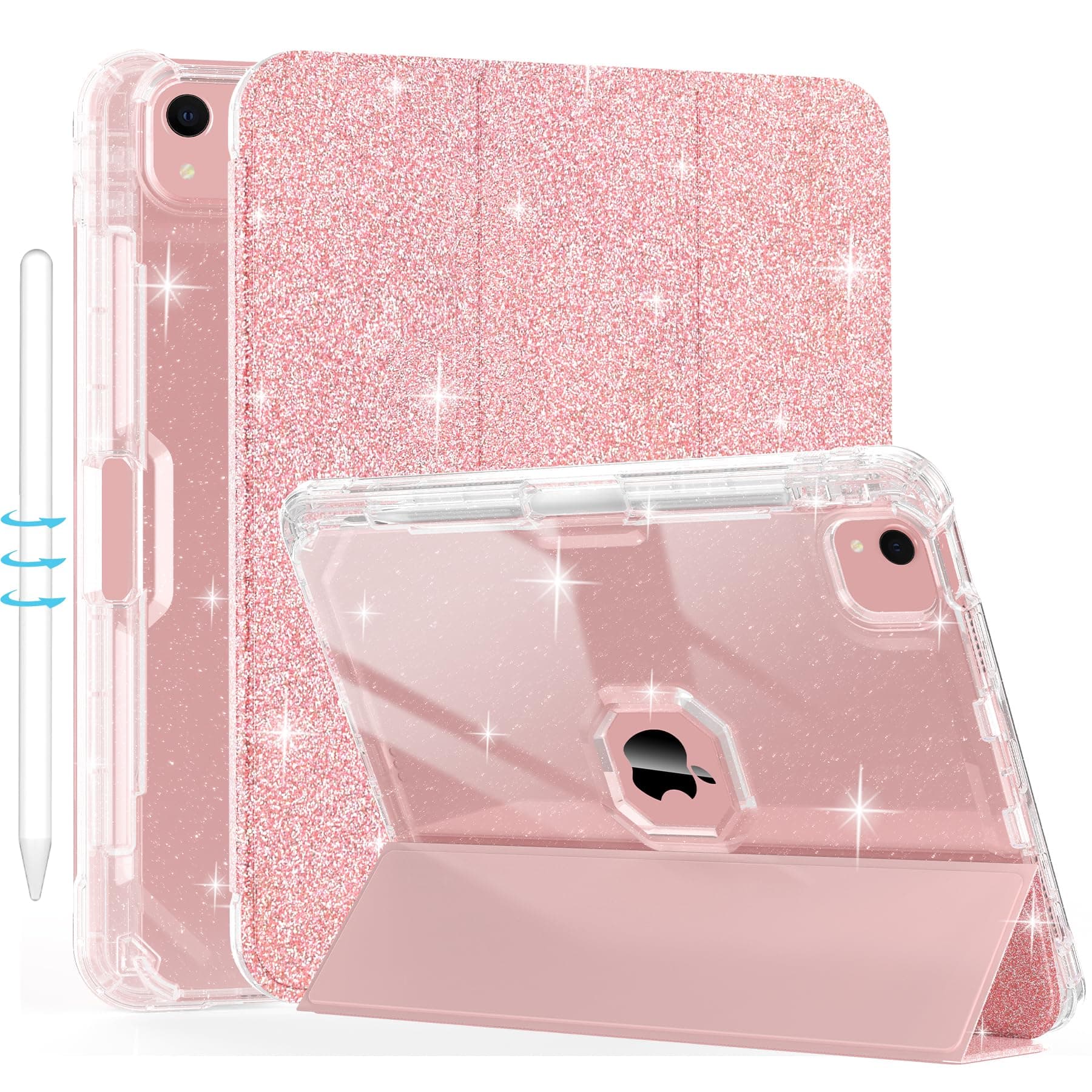 iPad Air 11 Inch Case 2024, iPad Air 5th/4th Gen Case 2022/2020 10.9 Inch with Pencil Holder, Auto Wake/Sleep, Sparkly Glitter Trifold Stand Leather Cover with Shiny Clear TPU Back, Rose Gold