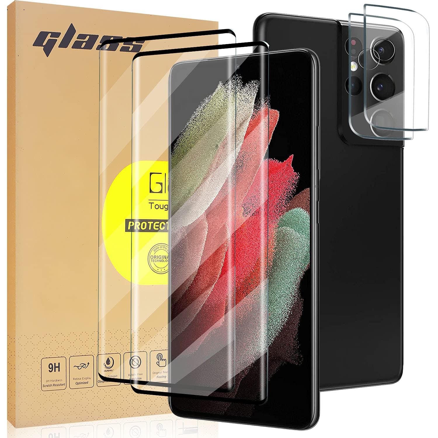 2 Pack Curved Tempered Glass Screen Protector Applicable for Samsung Galaxy S21 Ultra 5G 6.8inch + 2 Pack HD Camera Lens Protector, Support Fingerprint ID Friendly Tempered Glass Screen Protective