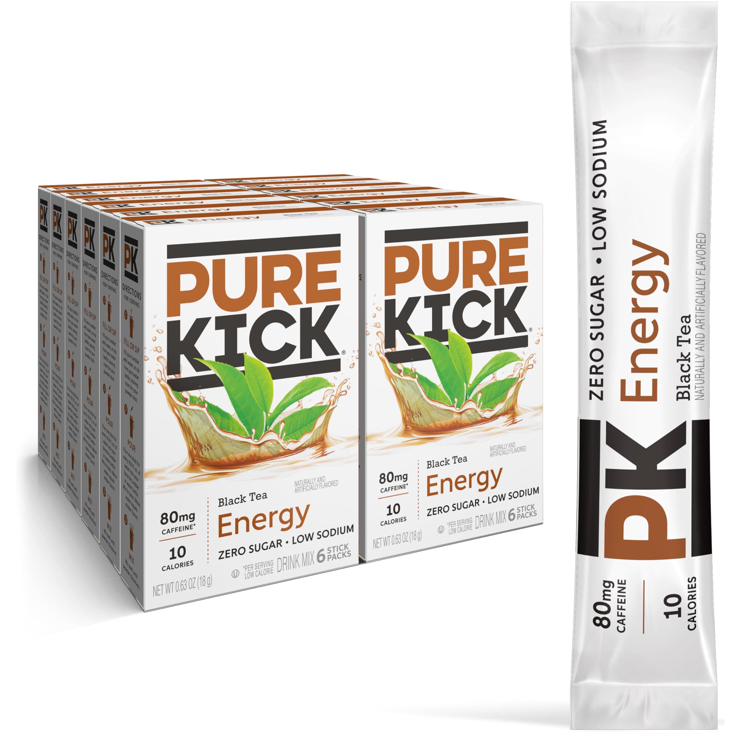 PURE KICK Energy Singles To Go Drink Mix, Black Tea, Includes 12 Boxes with 6 Packets in Each Box, 72 Total Packets