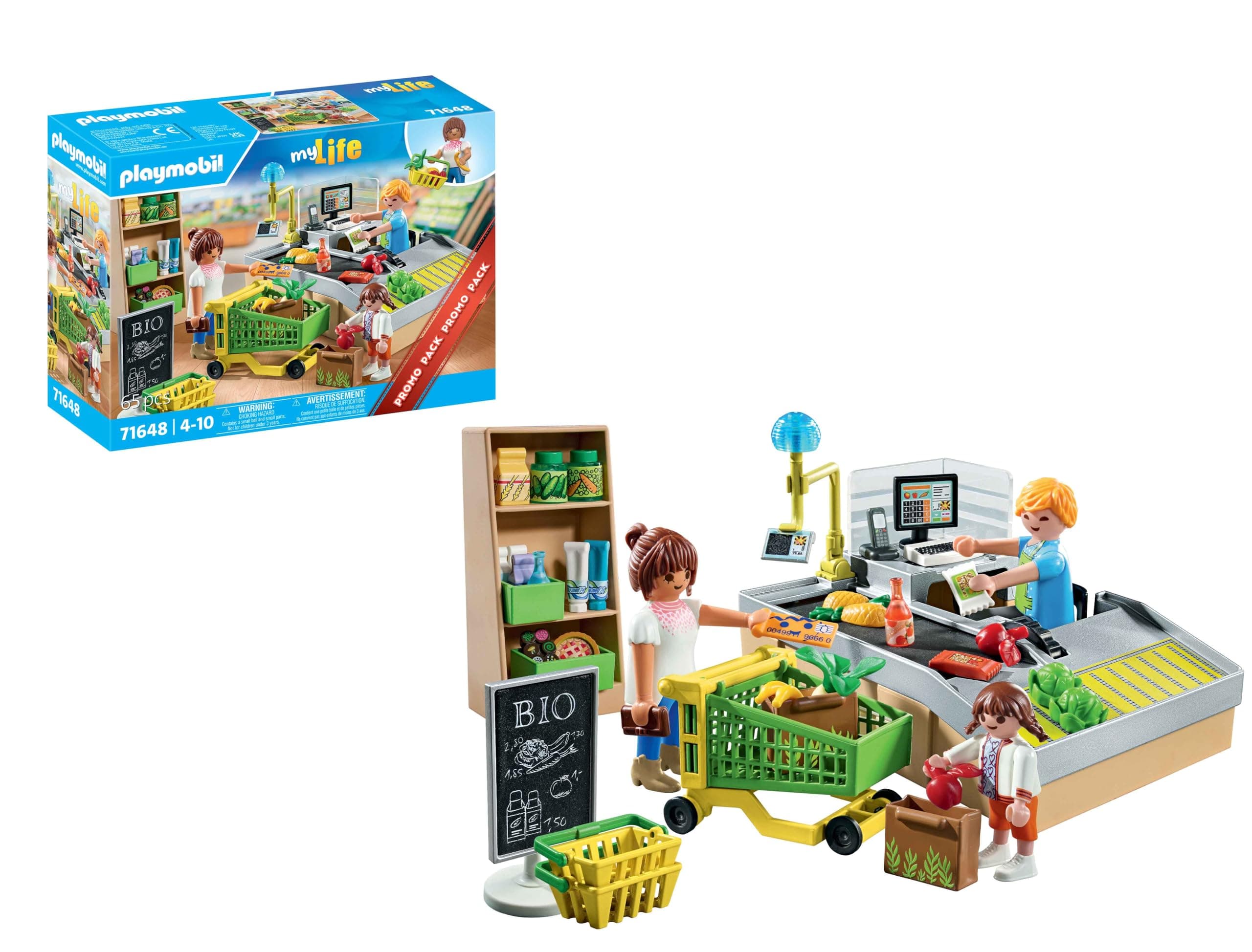 PLAYMOBIL MyLife Promo Pack 71648 Organic Supermarket, Includes Cash Register with Goods Treadmill, Shopping Trolley and Three Figures, Detailed Toy for Children from 4 Years