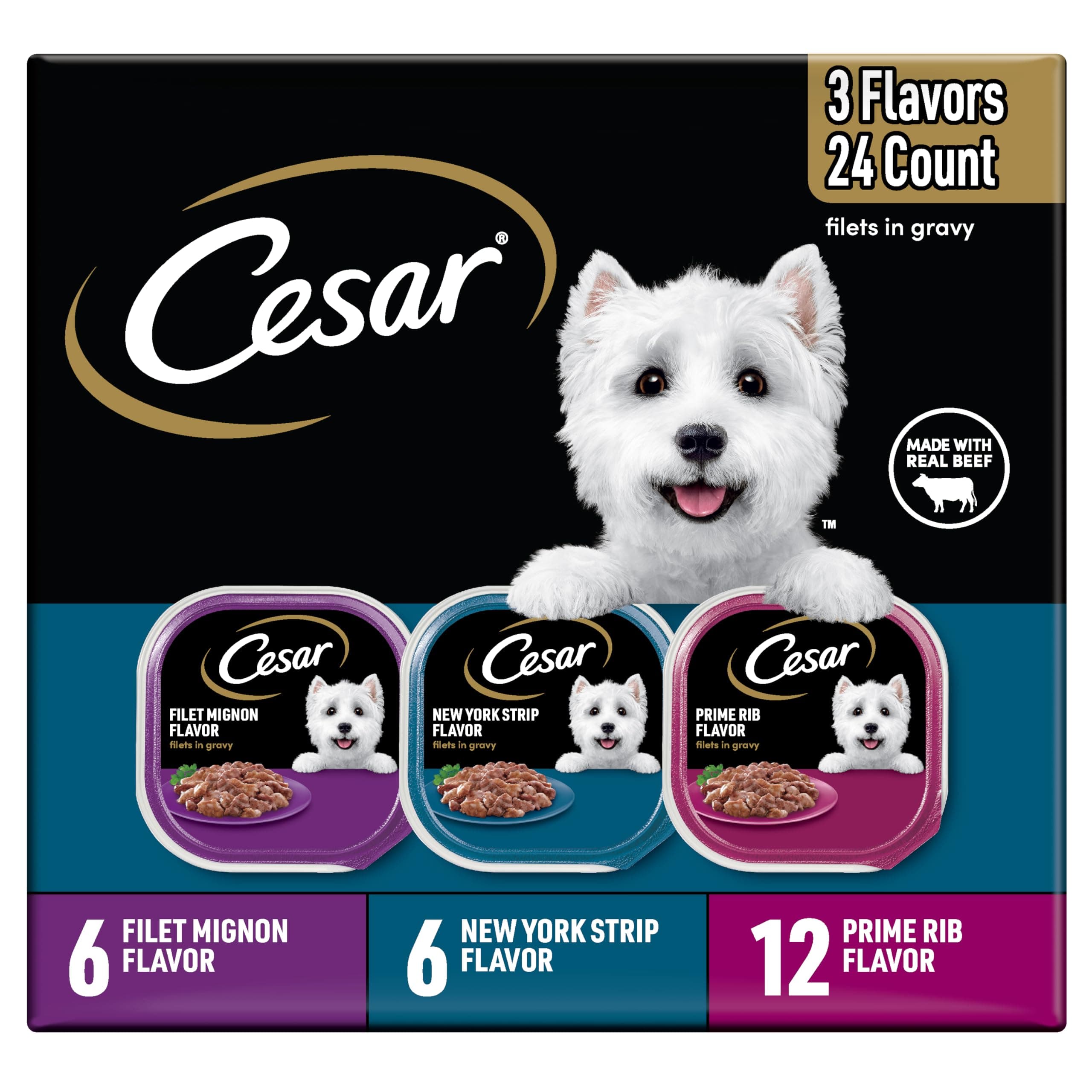 CESAR Filets in Gravy Adult Wet Dog Food, Filet Mignon, New York Strip and Prime Rib Flavors Variety Pack, 3.5 oz. Easy Peel Trays, Pack of 24