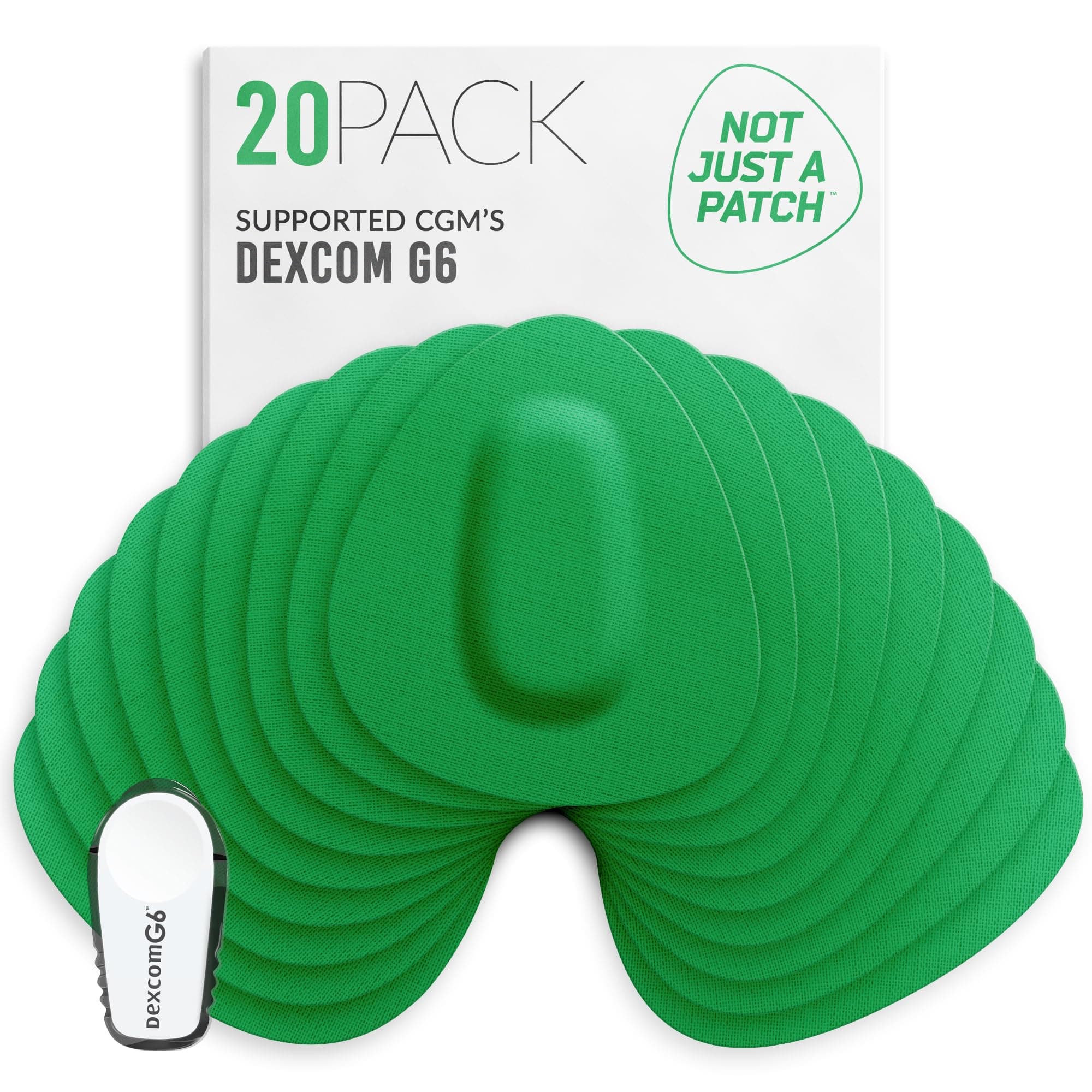 Not Just A Patch CGM Sensor Patches for Dexcom G6 & MiaoMiao (20 Pack) - Water Resistant & Durable for Active Lifestyle for 10-14 Days - Pre-Cut Dexcom G6 Adhesive Patches in Green