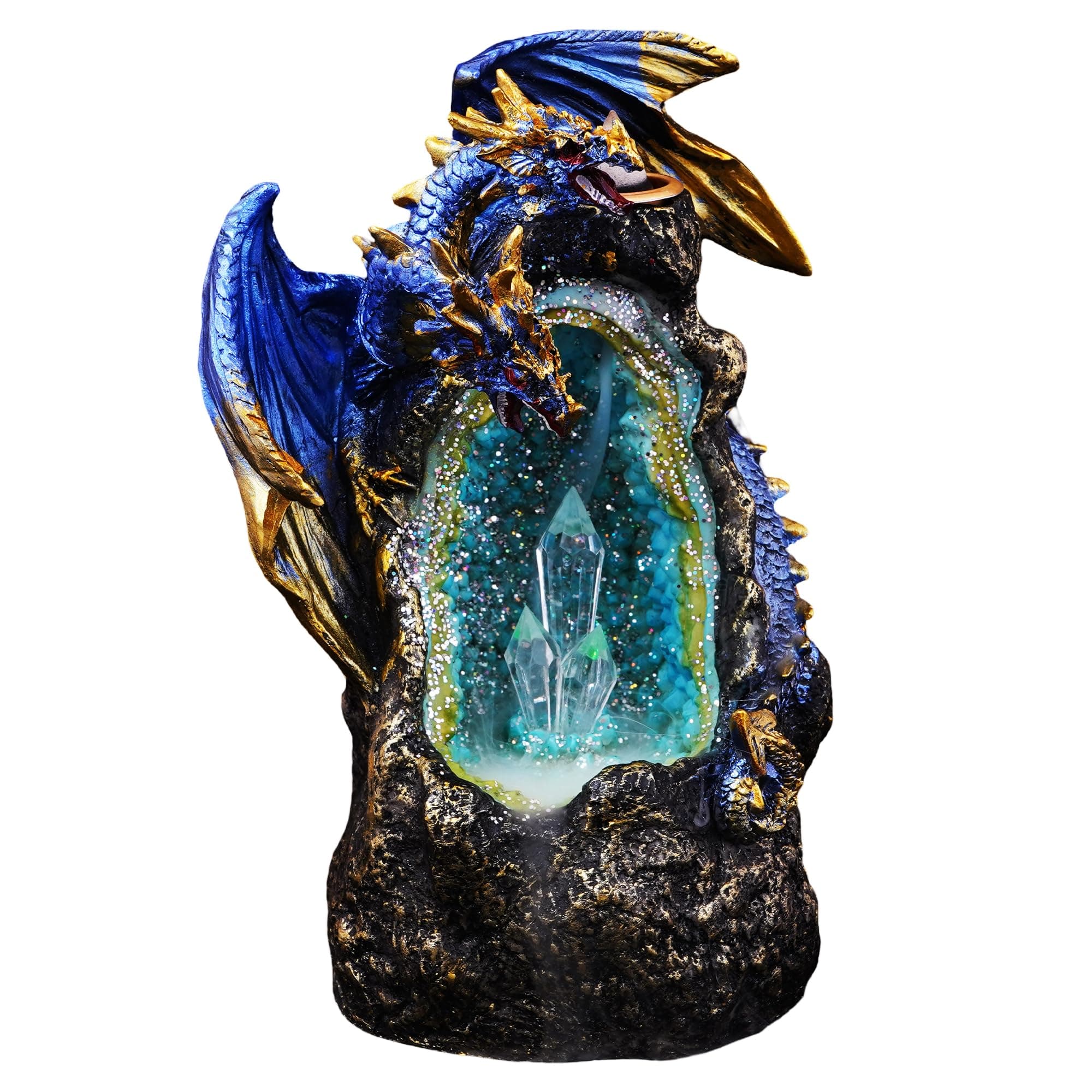 Fantasy Gifts Blue Dragon LED Crystal Geode Backflow Burner | Illuminated Dragon Waterfall Décor Accent with Color-Changing LED for Meditation & Fantasy Home Décor