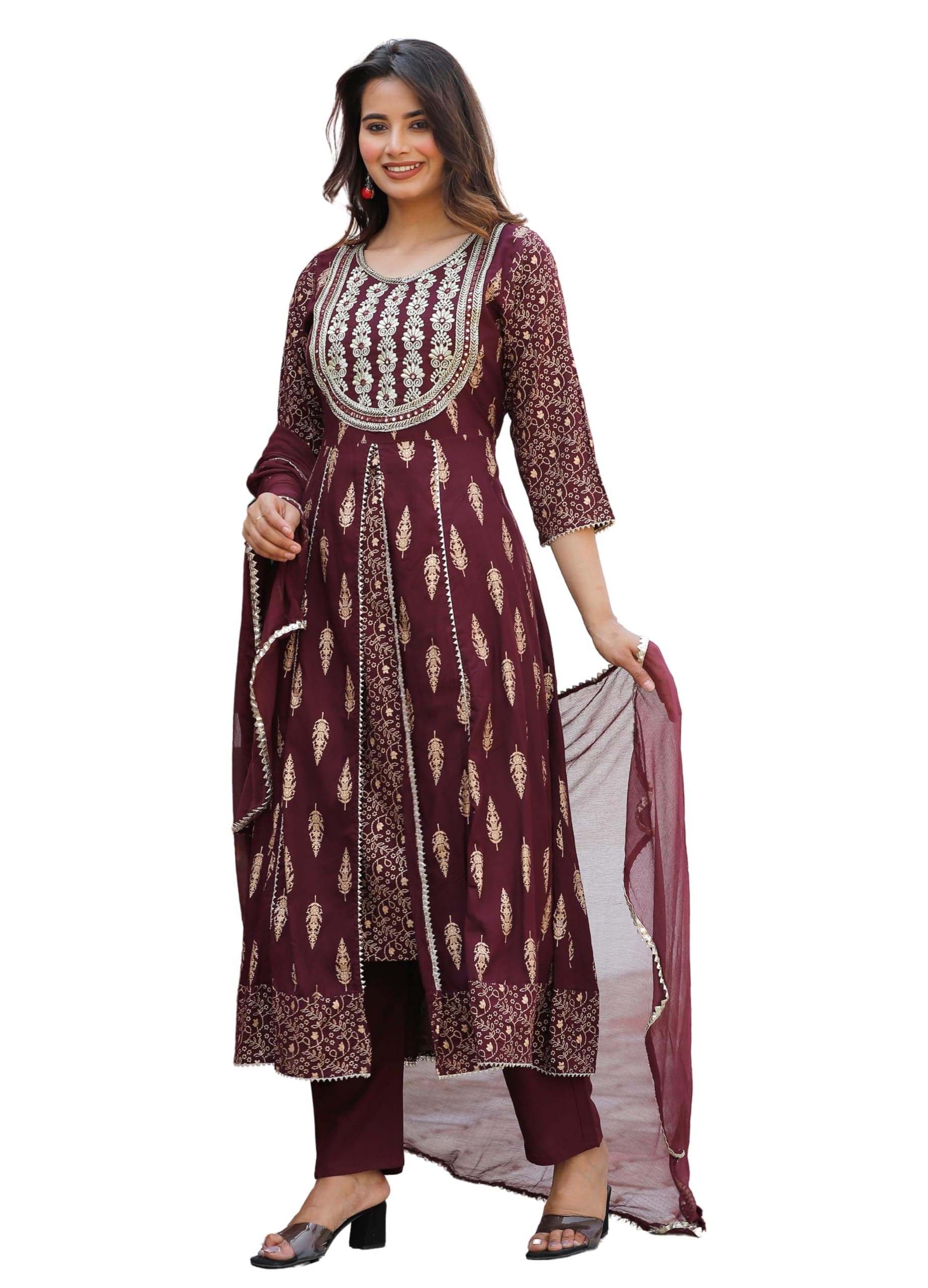 Rayon Printed Kurta with Pants Dupatta Set for Women Girls Long Middle Cut Kurtis Stylish Latest New Trending Design Anarkali Kurta A