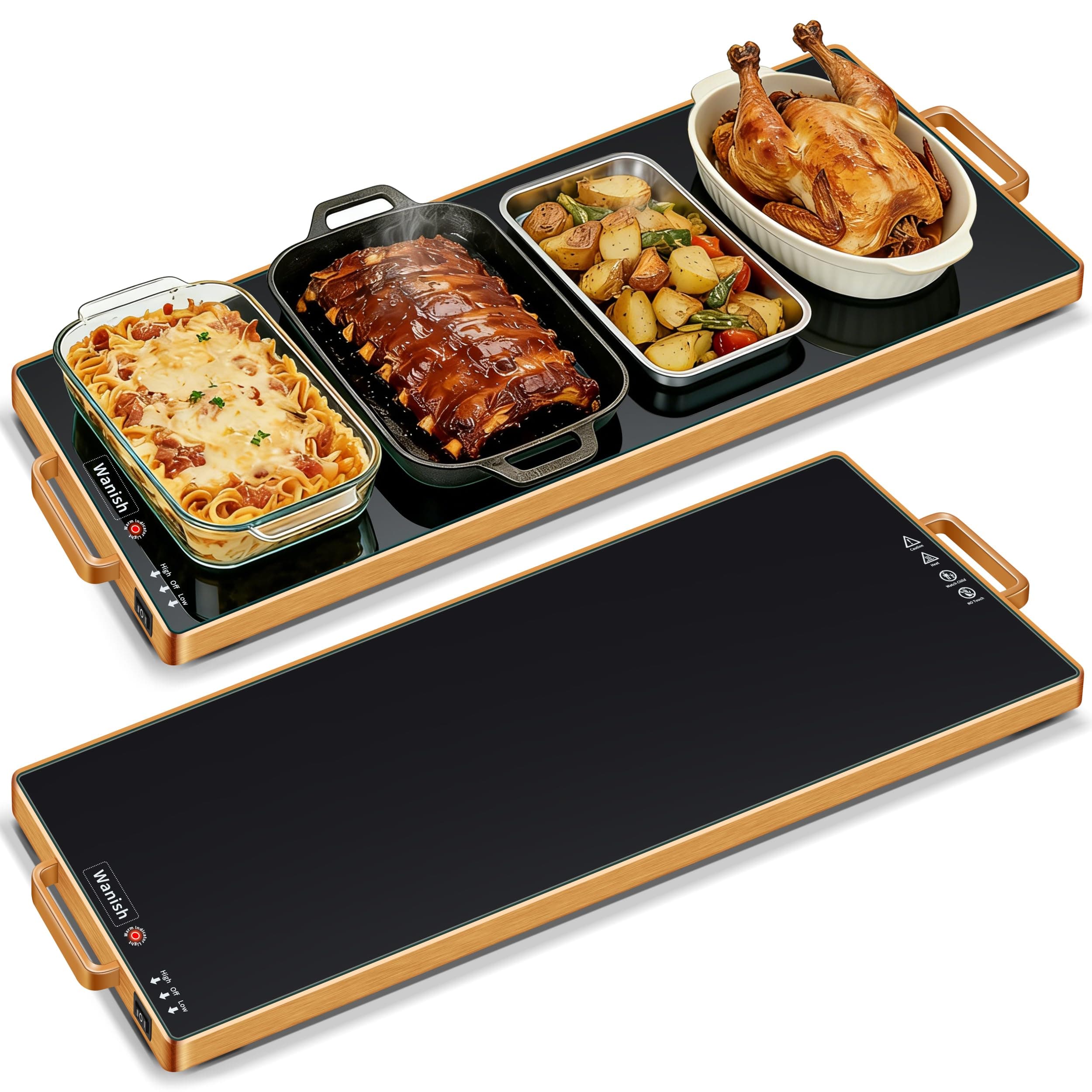 Electric Warming Tray (L 32"x12"),Food Warmers for Parties Buffet with Thermostat & Full Surface Heating, Tempered Glass Warming Mat for Food, Temperature Adjustable Gold Handles Food Warming Mat