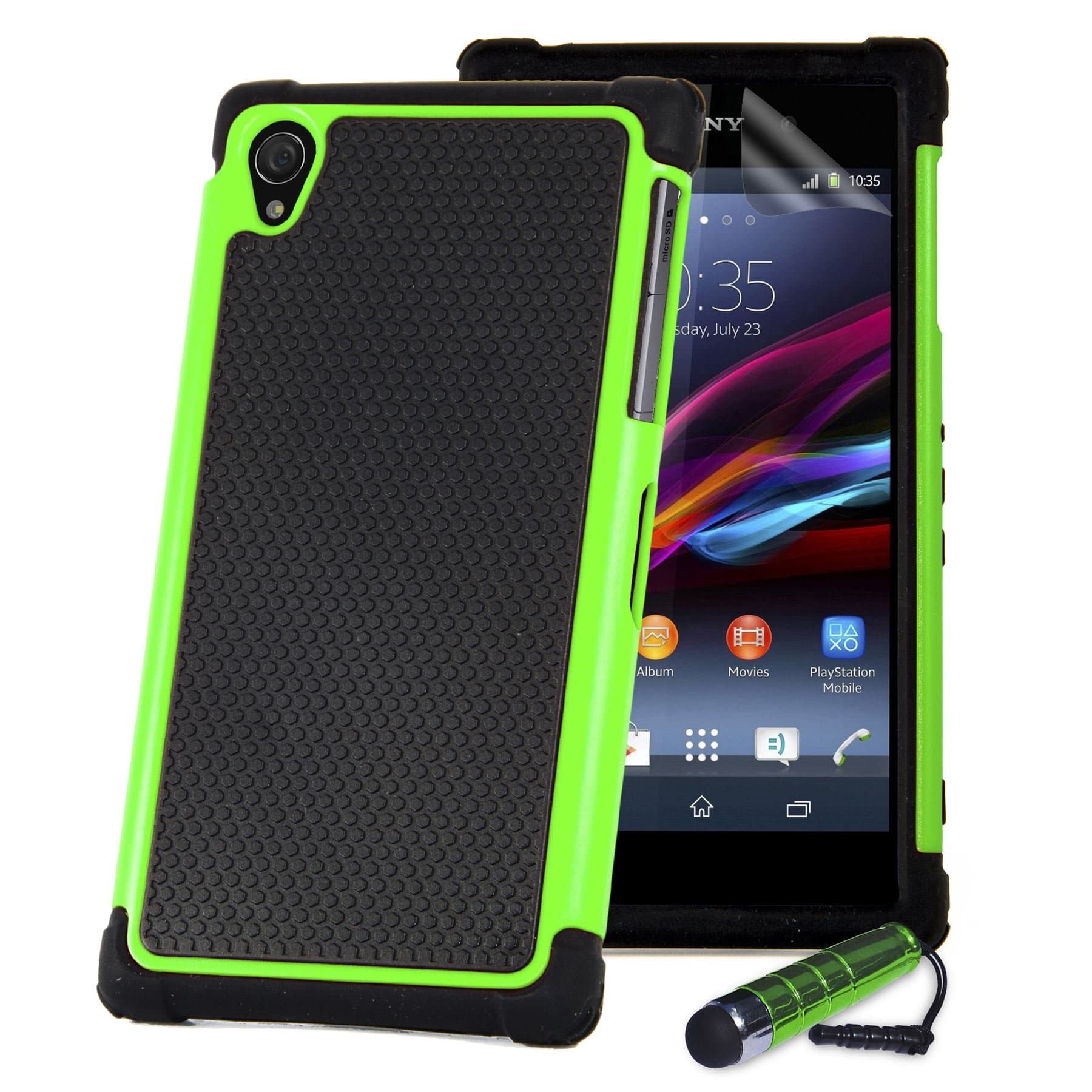 32nd Shock Proof Defender Heavy Duty Tough case Cover for Sony Xperia Z (L36h / L36i / C6603) + Screen Protector, Cleaning Cloth and Touch Stylus - Green