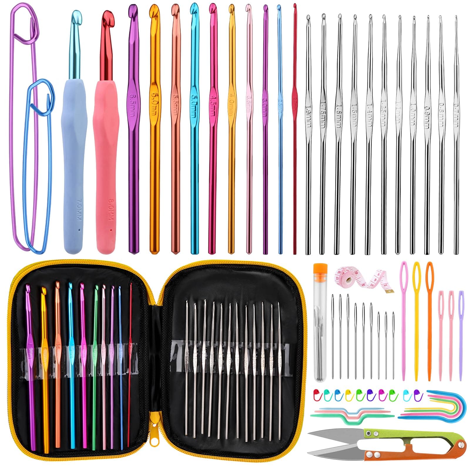IMZAY 66 Pcs Crochet Needles Set, Crochet Hooks Set with Storage Case, Ergonomic Blunt Needles Stitch Marker DIY Hand Knitting Craft Art Tools for Beginners(Yellow)