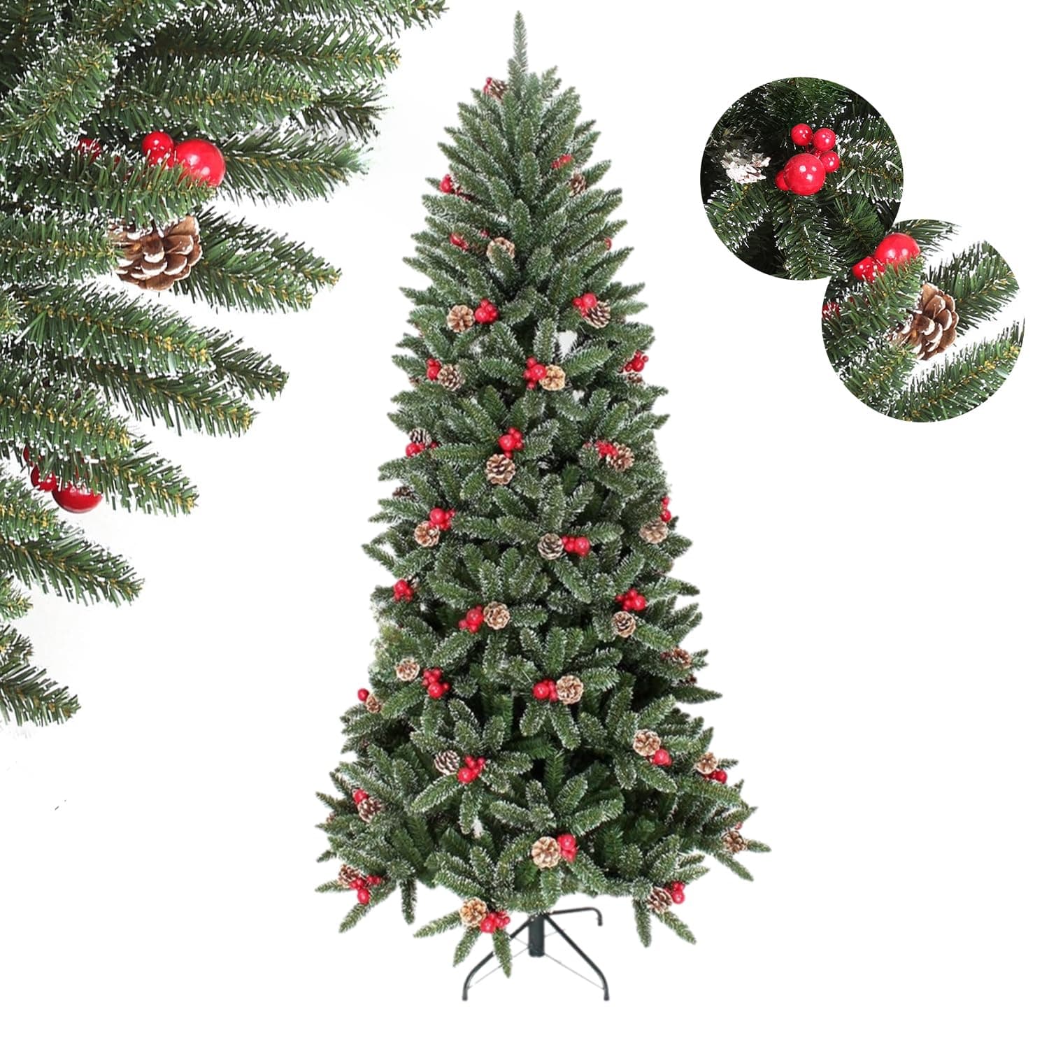 UimoKi 1.5M Christmas Tree with Red Berries and Pine Cones, Premium Artificial Xmas Pine Tree with Foldable Stand, Max 424 Branch Tips, Easy to Assemble with Metal Hinges, for Home, Party Decoration