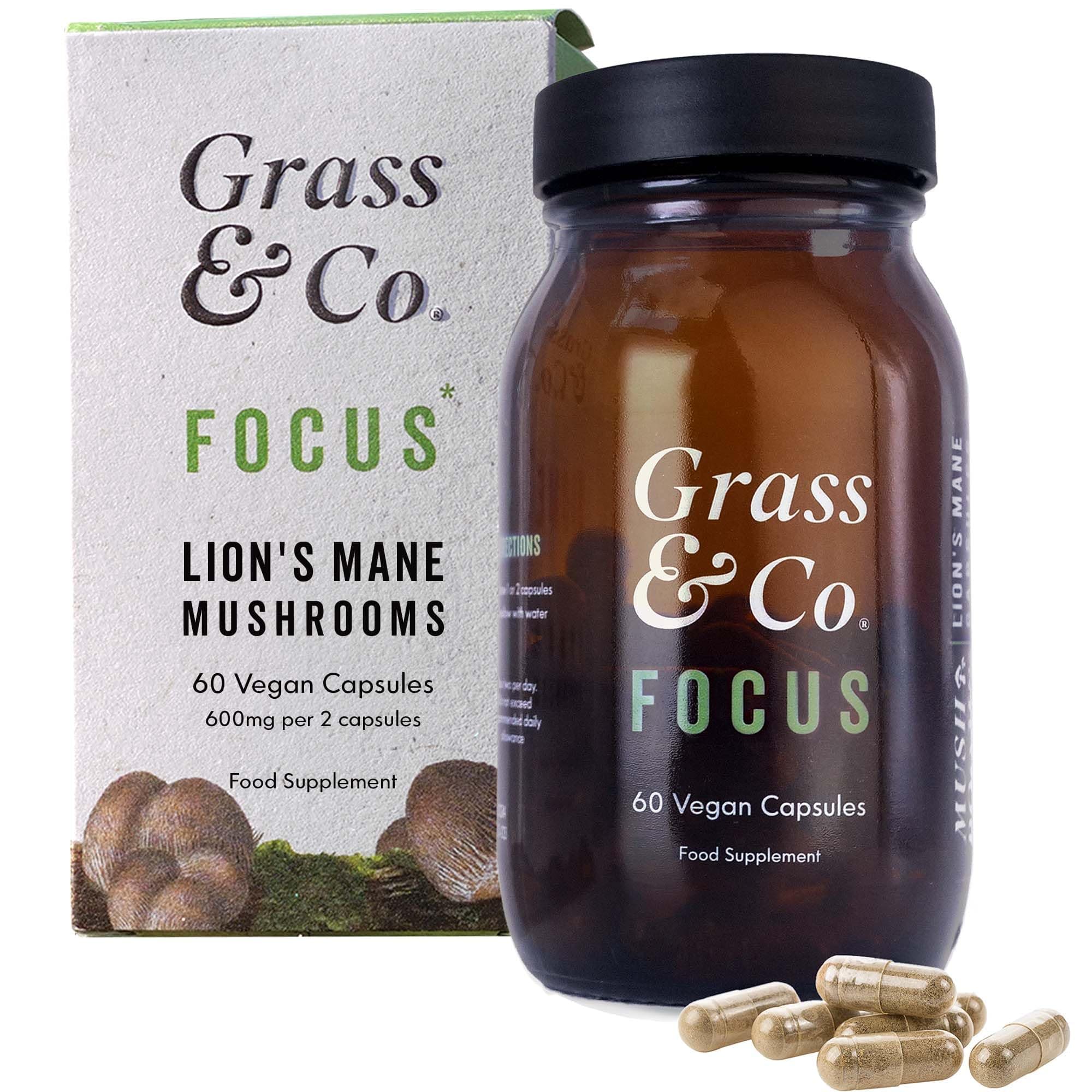 Grass & Co. Lions Mane Supplement Mushroom 600mg Capsules with Vitamin D, Vegan Omega 3, Vitamin B12 & Ginseng | Focus | Supports Cognitive Health | 60 Capsules, 30 Servings