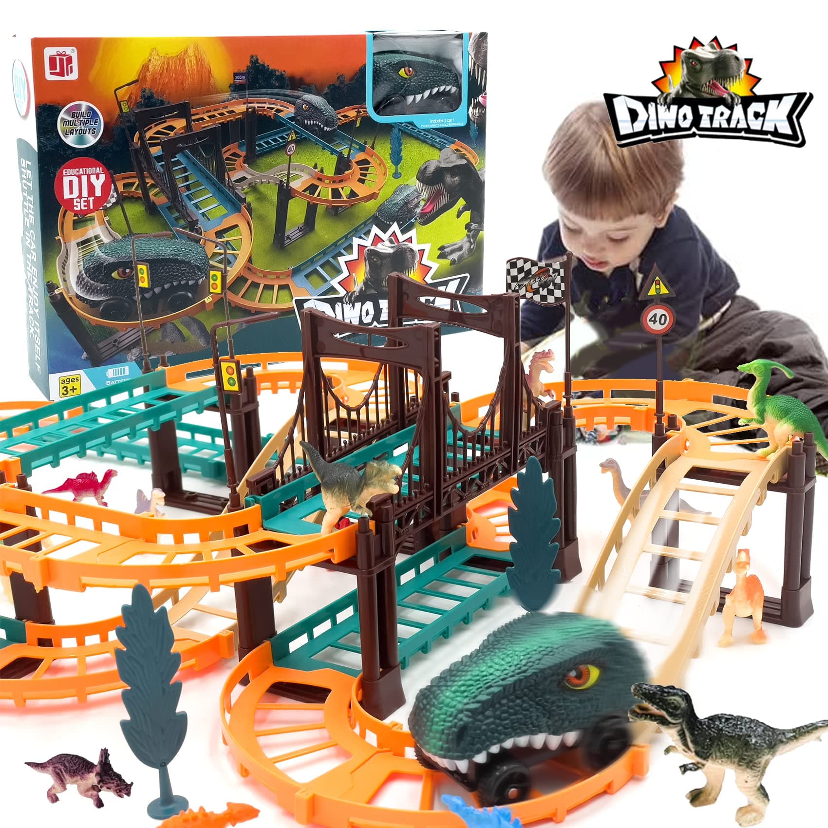 ALLBIZ Dinosaur Train Car Race Track Set, 12 Dinosaurs and Race Car for 3-6 Year Old Boys Girls