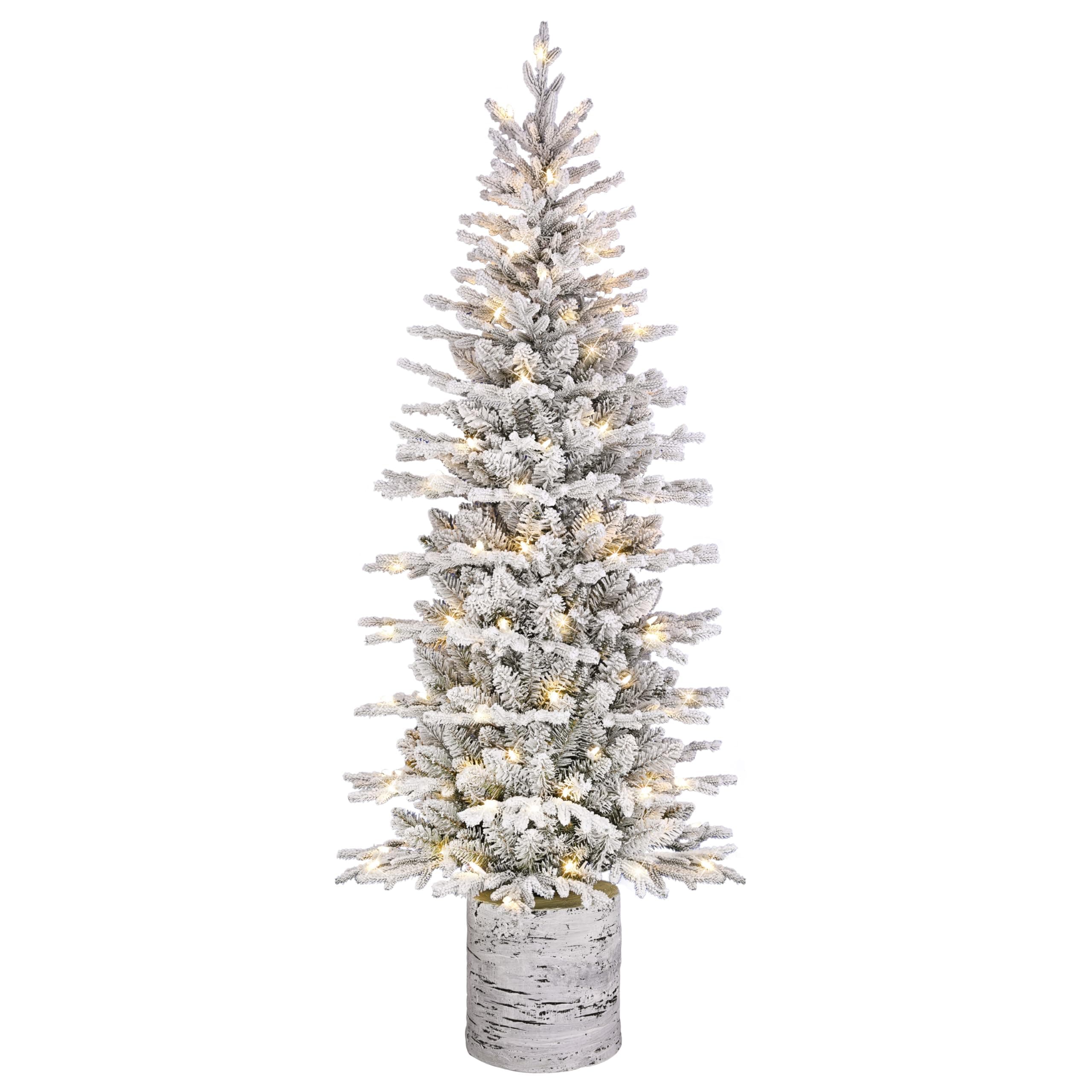 Puleo International 6ft Pre-Lit Potted Flocked Arctic Fir Pencil Christmas Tree with 120 Warm White Lights, 1325 Realistic Dense Snow Flocked Branch Tips, Easy Setup Artificial Trees with Sturdy Stand