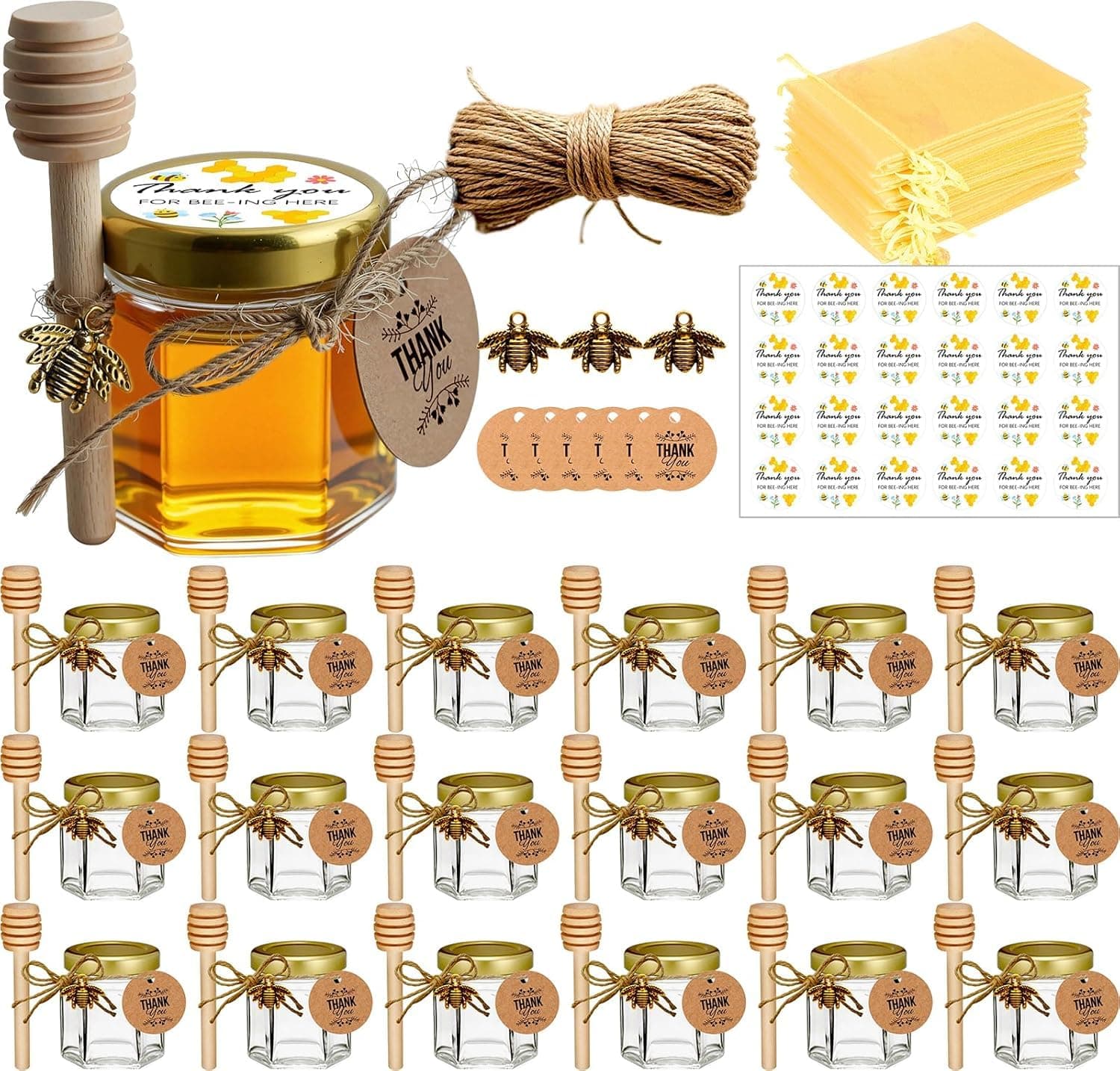 Adabocute Mini Honey Jars - Hexagon Little Glass Honey Jar with Gold Lids, Wooden Dippers, Bee Charms and Jutes - Small Honey Jars for Baby Showers, 20Pack