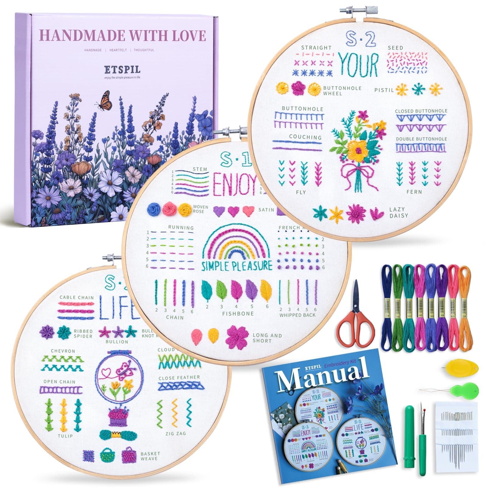 3 Sets Embroidery kit for Beginners Adults,Learn 33 Different Stitches DIY Kits ,Includes Stamped Flower Pattern, Hoop, Color Threads,Tools,Easy to Follow Instruction & Video… (Simple A)