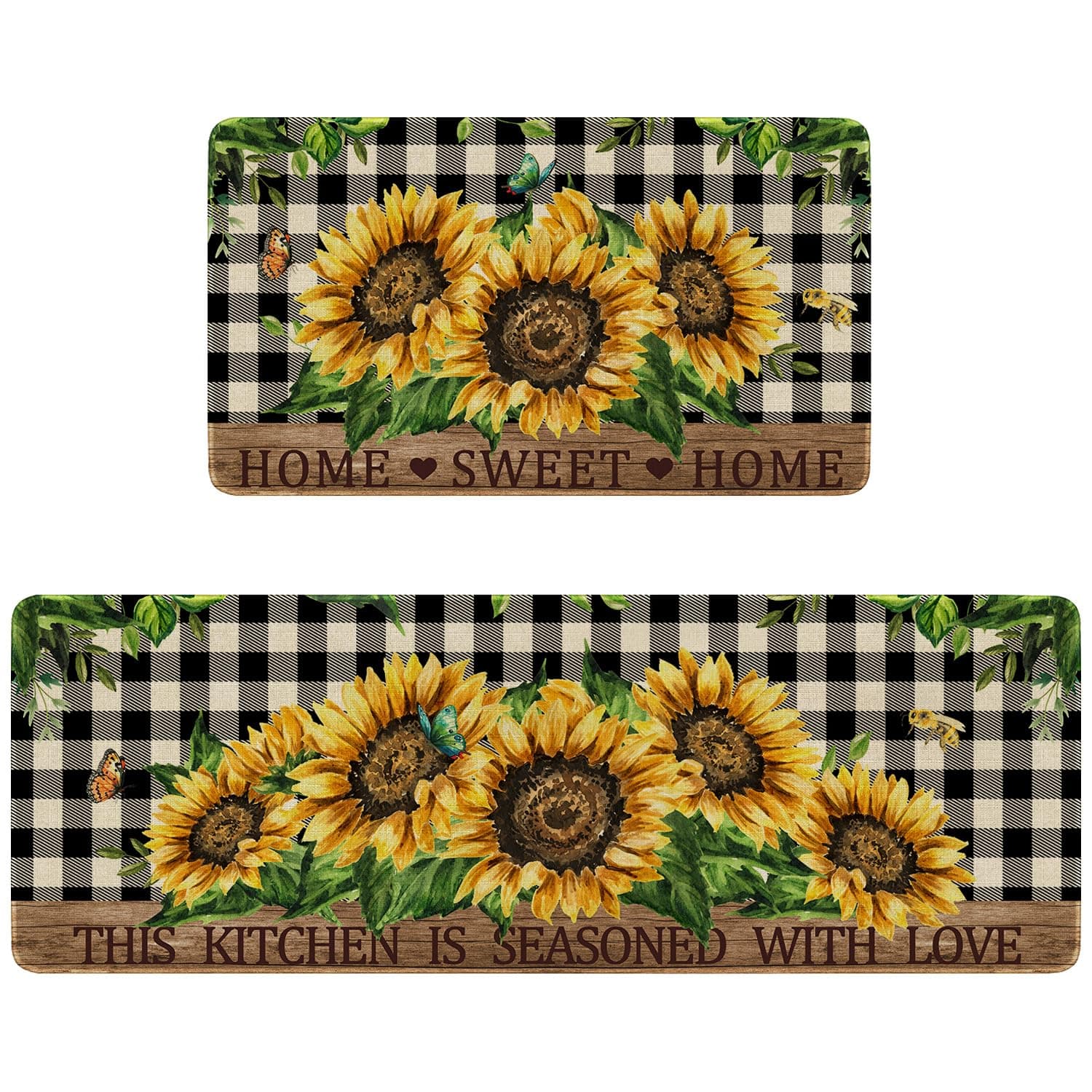 Faptoena Sunflowers Kitchen Rugs Set of 2,Home Sweet Home Buffalo Plaid Holiday Kitchen Mats for Floor,Spring Summer Seasonal Non-Slip Washable Sink Mat Home Decor Doormat+Runner Rug