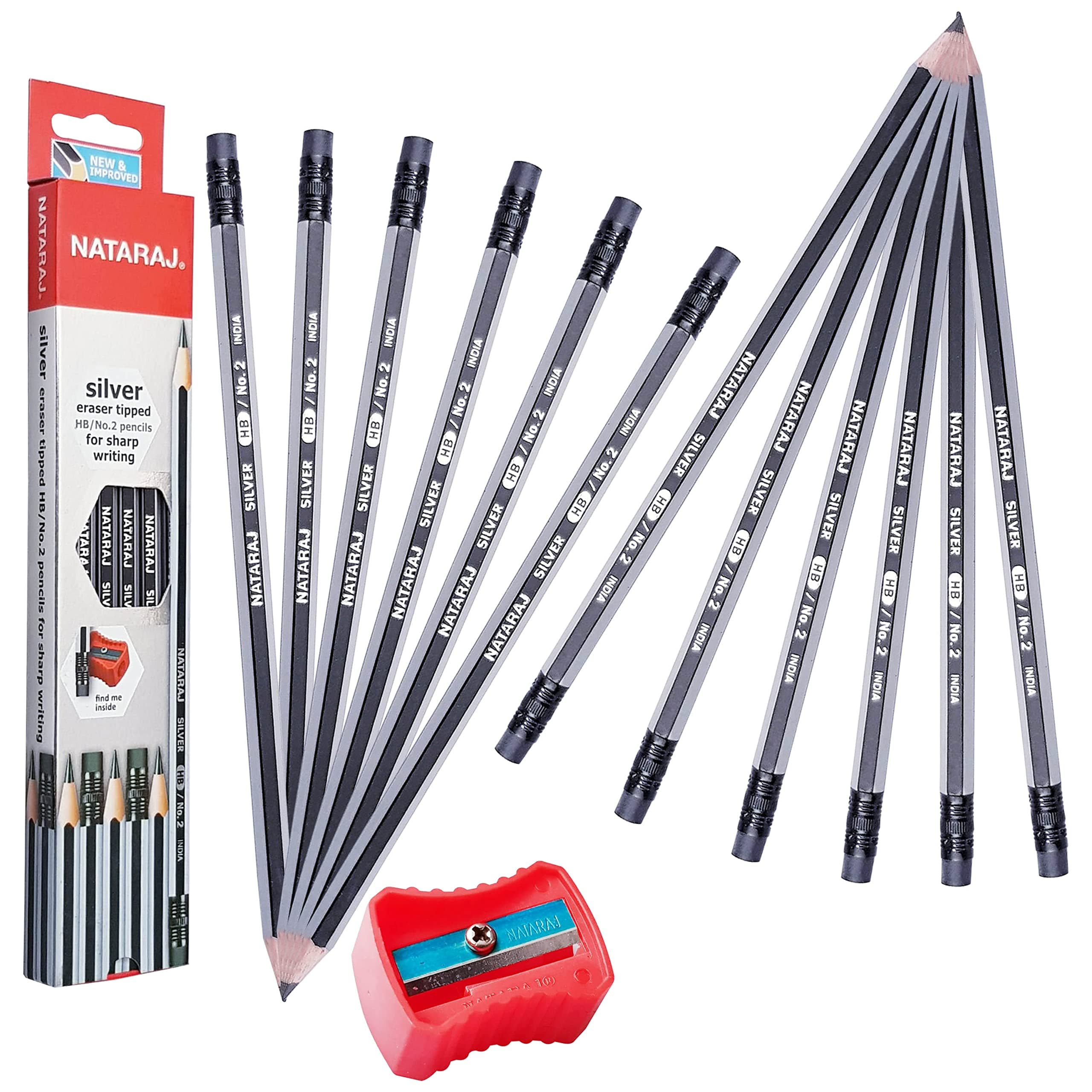 Nataraj Silver HB Pencils with Rubber and Sharpener 12-Pieces