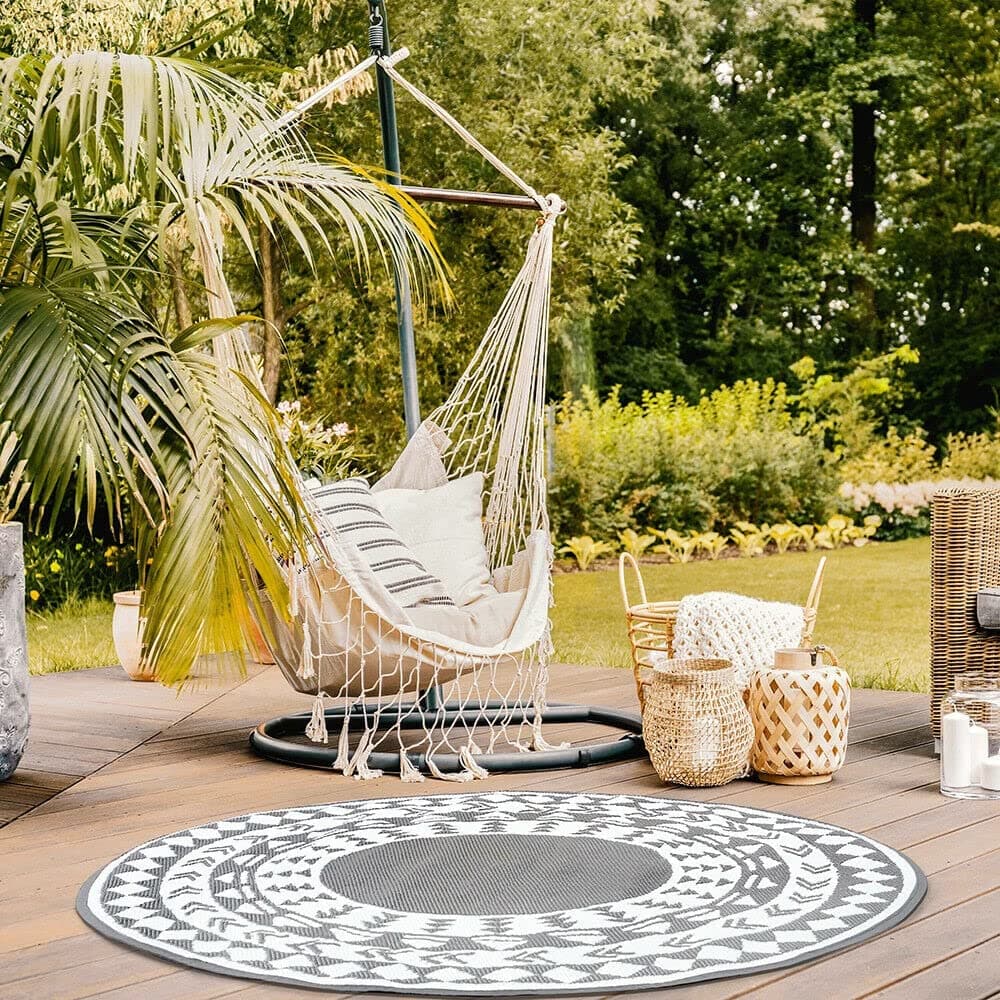 PaMeer Traditional Grey White Rug Waterproof Round Grey Rug Ideal Indoor Outdoor Rug Perfect For Patio & Balcony Flooring Lightweight Plastic Rug For Picnic, Camping, Beach_150x150cm(Approx.)
