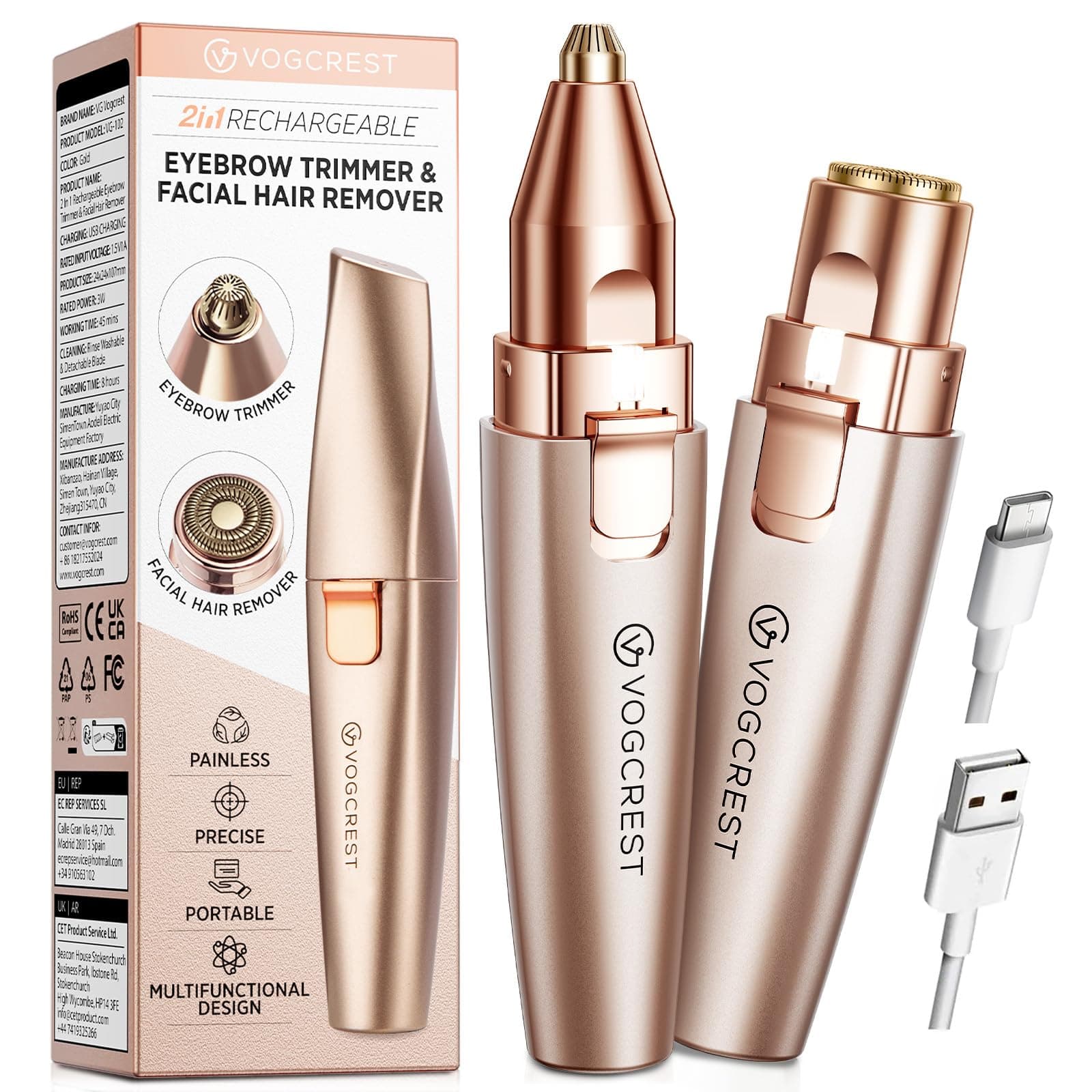Rechargeable Eyebrow Trimmer & Facial Hair Remover for Women, 2 IN 1 Eyebrow Razor and Flawless Hair Remover, Eyebrow Lips Nose Body Facial Hair Removal for Women with Built-in LED Light (Rose Gold)