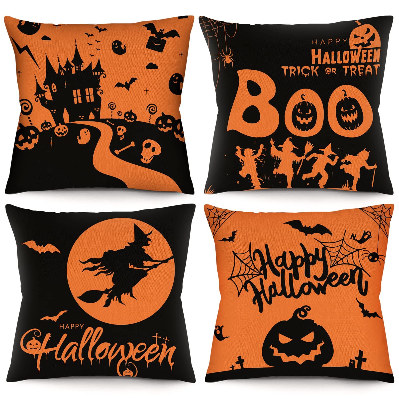 Wareon Halloween Decorations Throw Pillow Covers 18x18 Inches Set of 4 Halloween Decor Clearance Trick or Treat Farmhouse Pumpkin Bat Cushion Cover for Sofa Couch Living Indoor Room Bedroom Outdoor