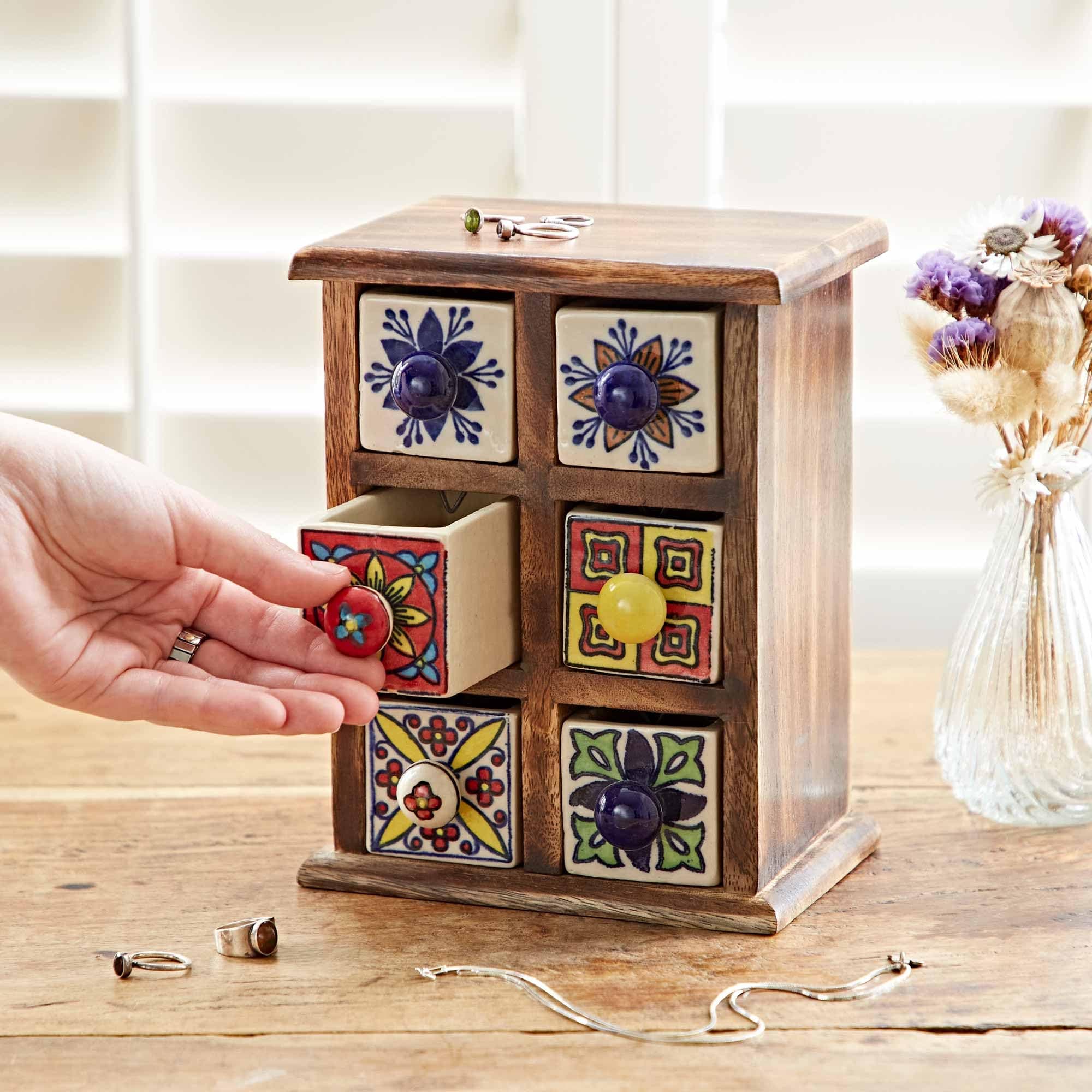 Multicoloured Mango Wood 6 Drawer Jewellery Box