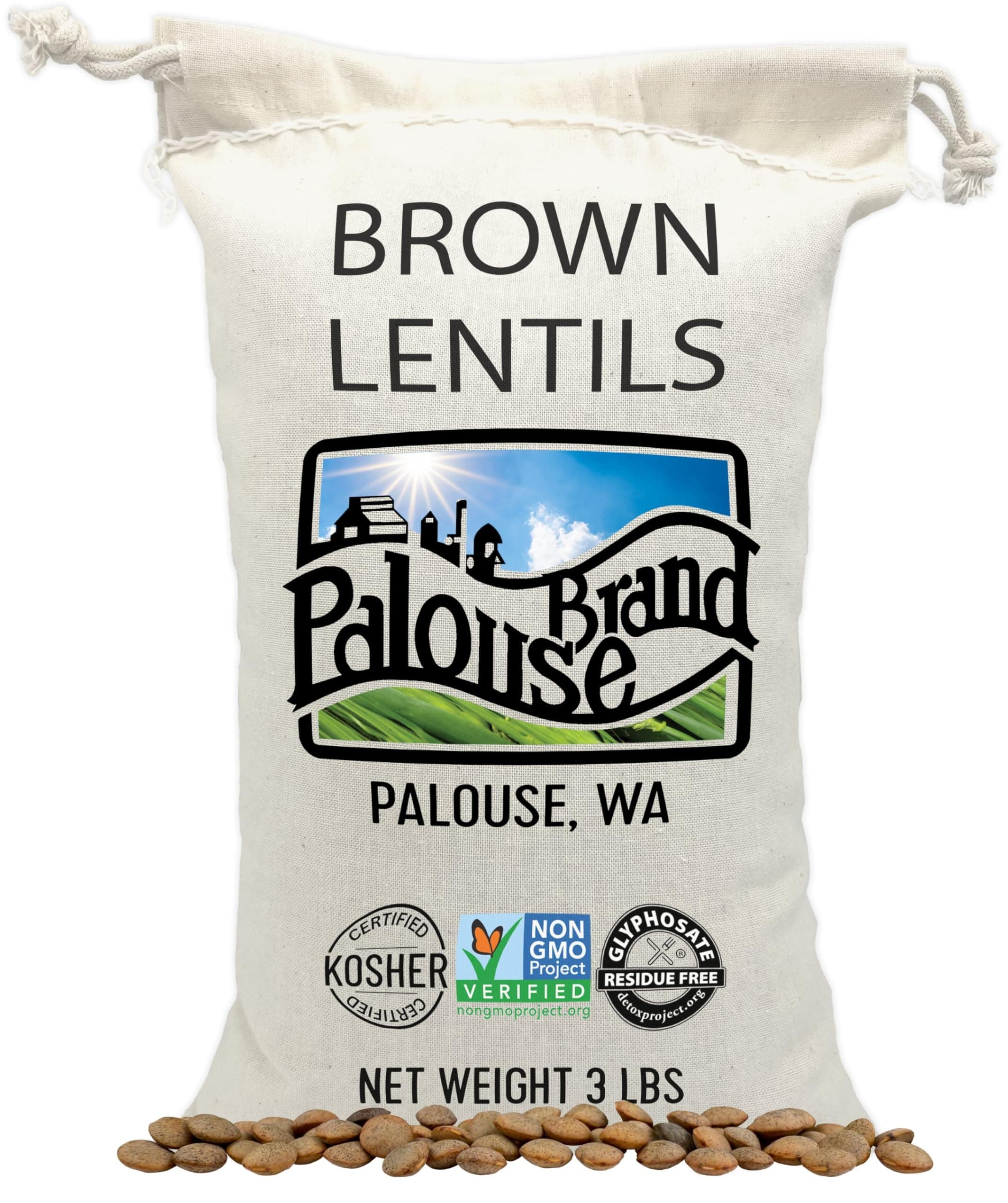 Palouse Brand Certified Glyphosate Residue Free Brown Lentils | 3 LBS Plastic Free Packaging | Family Farmed in Washington State | Non-GMO | 100% Non-Irradiated | Kosher | Field Traced | Cotton Bag