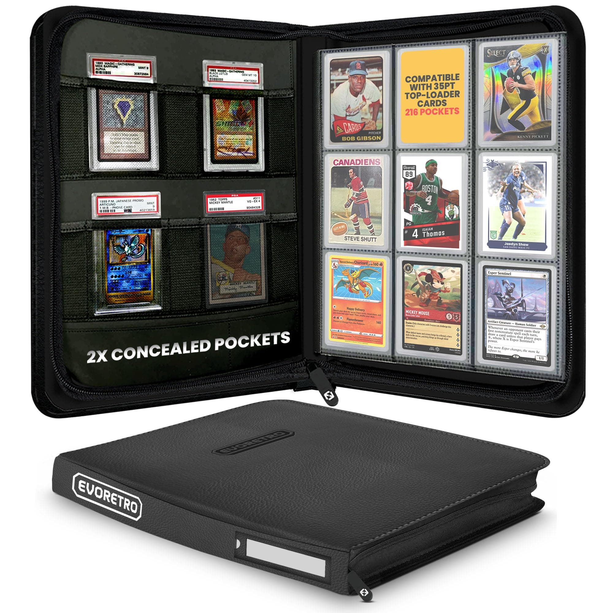 EVORETRO Toploader Binder - 35pt-55pt 3"x4" Black Portable Top Loader Card Storage, 9 Pocket Card Binder, 216 Slots Rigid Card Holder, 4 PSA Slab Pocket, Lorcana, Pokémon, MTG, Baseball Card Binder,