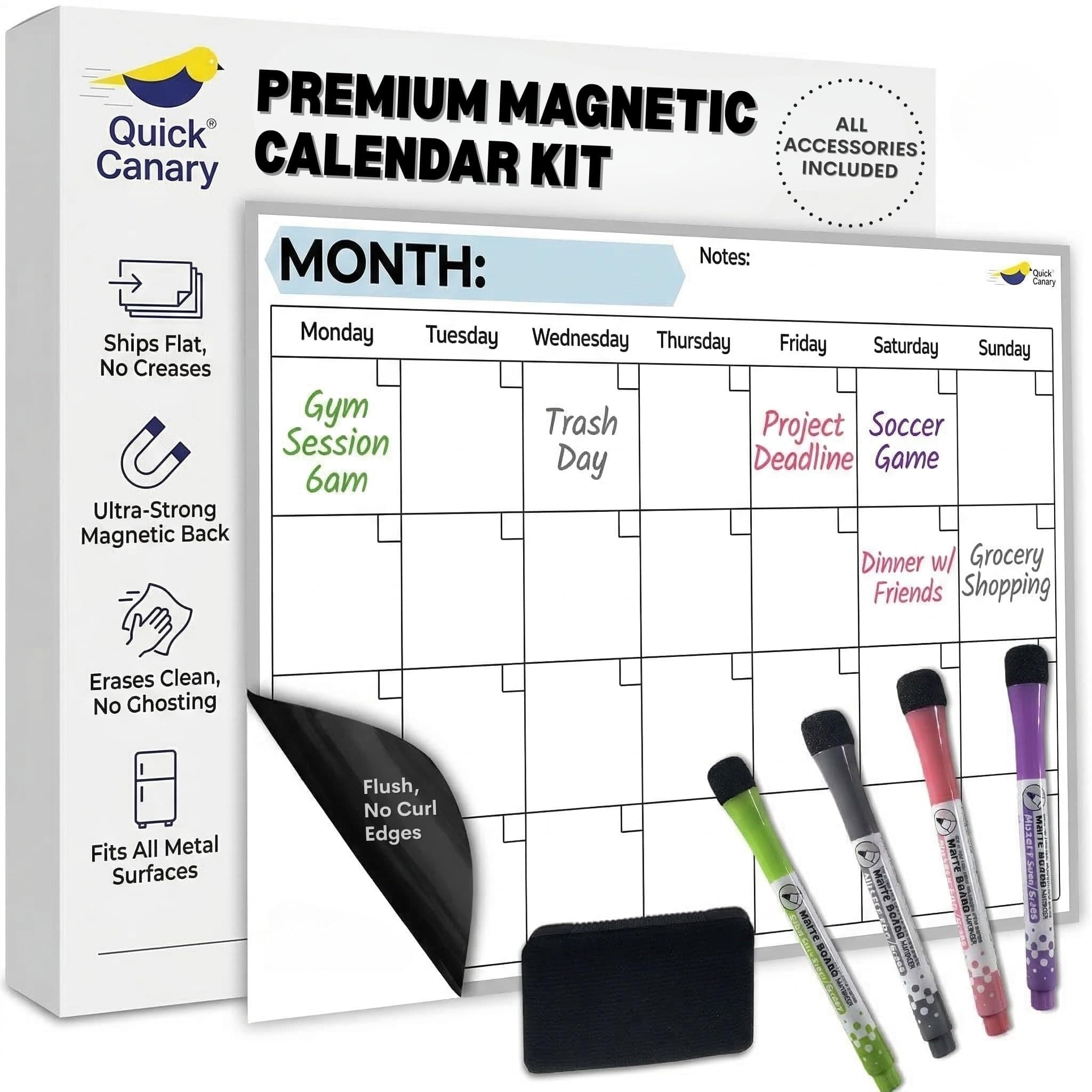 Monthly Magnetic Calendar for Refrigerator - 17x12” Stain-Resistant Dry Erase Fridge Calendar Whiteboard with Large Writing Space for Schedules, Chores & Meals - With 4 Markers & Eraser - Monday Start