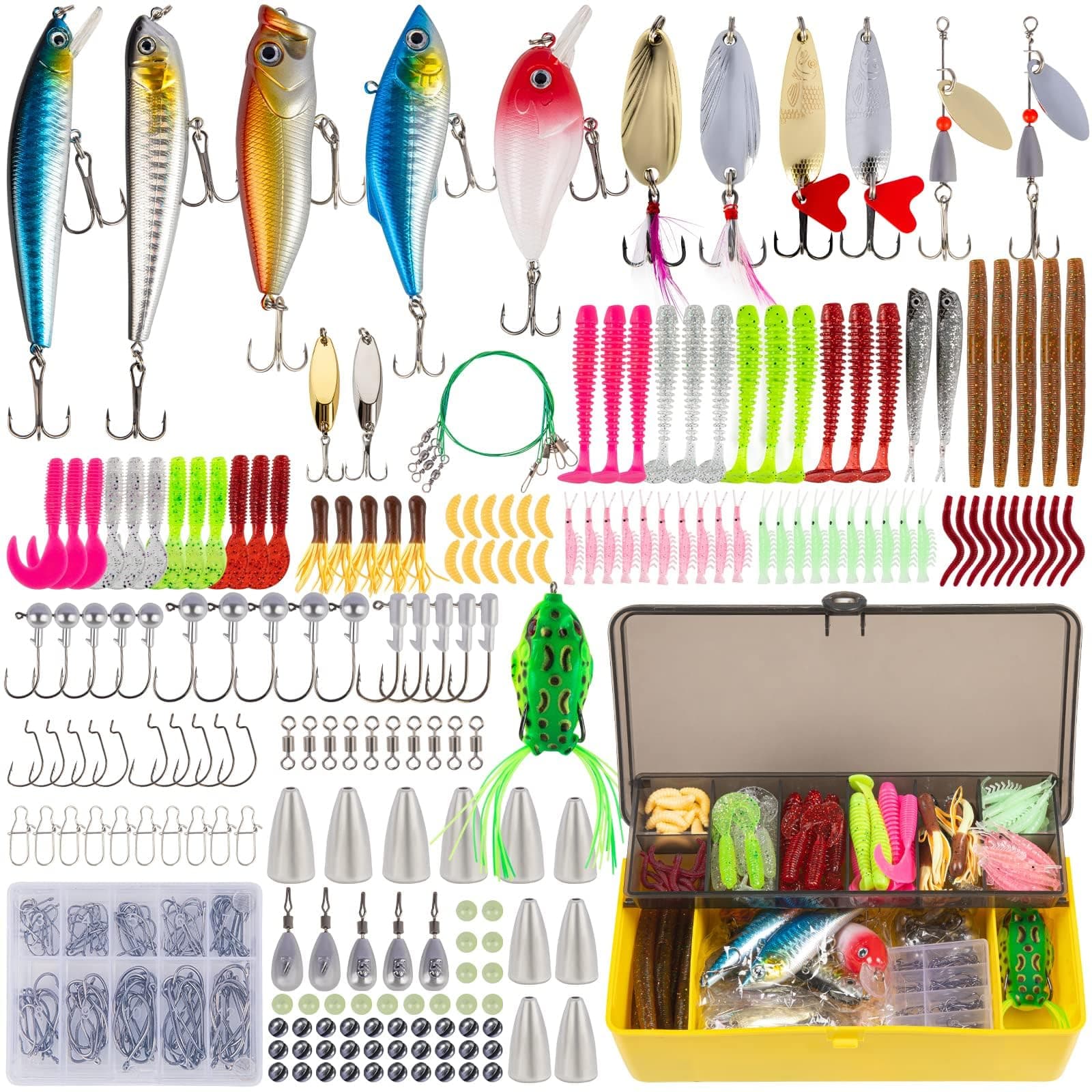 ELECDON 302Pcs Fishing Lures Fishing Gear Tackle Box Fishing Attractants for Bass Trout Salmon Fishing Accessories Including Spoon Lures Soft Plastic Worms Crankbait Jigs Fishing Hooks
