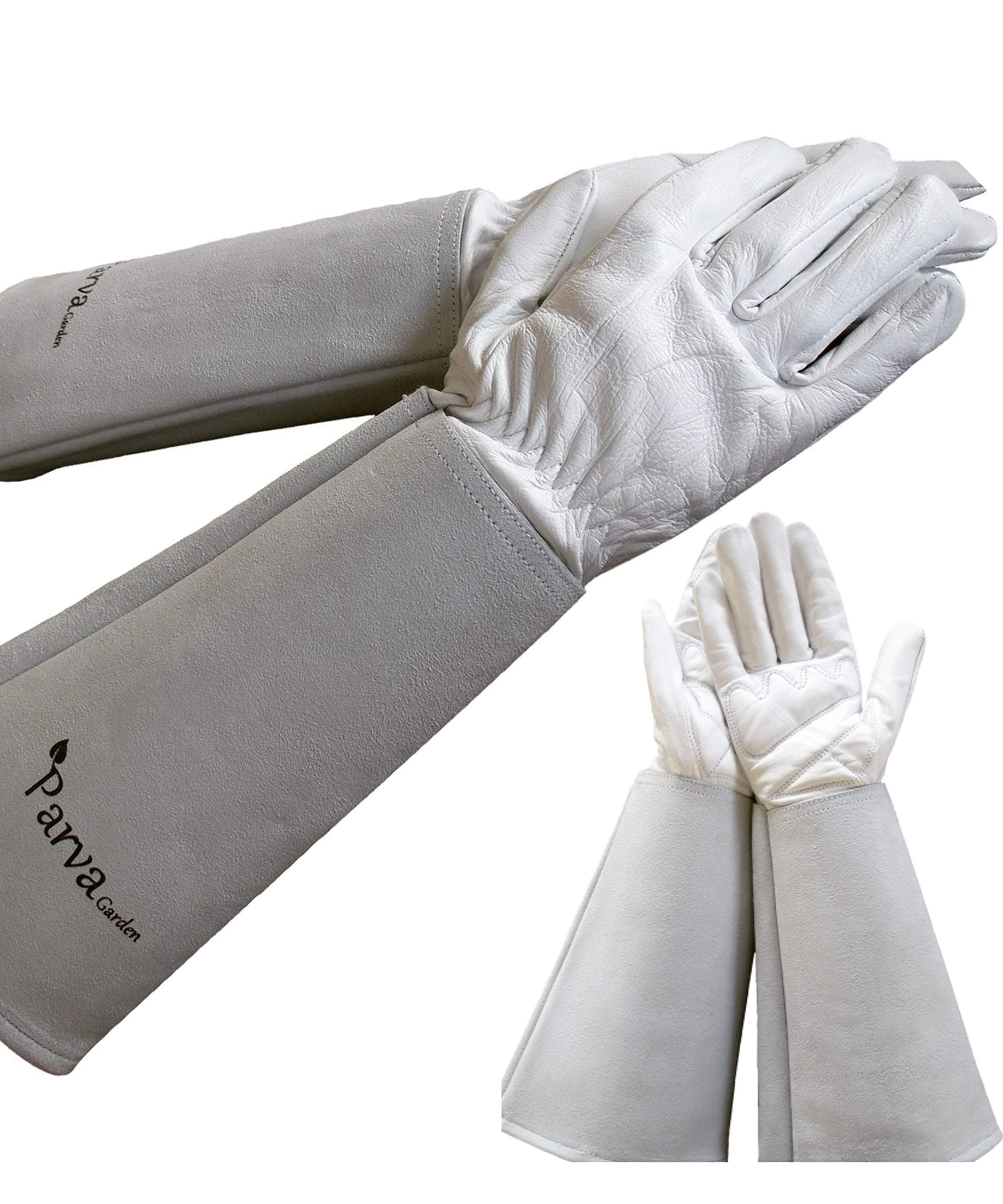 Elbow Length Garden Gloves, Rose Pruning Gloves, Leather Gloves with Canvas Gauntlet (Size Medium, Color Neutral/Grey)
