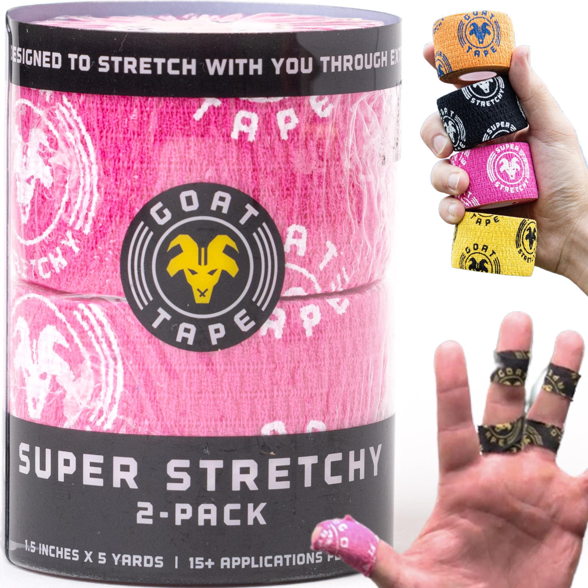 Goat Tape Super Stretchy Thumb Tape - Weightlifting Hook Grip Tape & WOD Tape for Cross Training, Gym Workout Tape, Athletic Finger Wrap - Flexes with Every Move - 15 Feet per Roll (Pink 2-Pack)