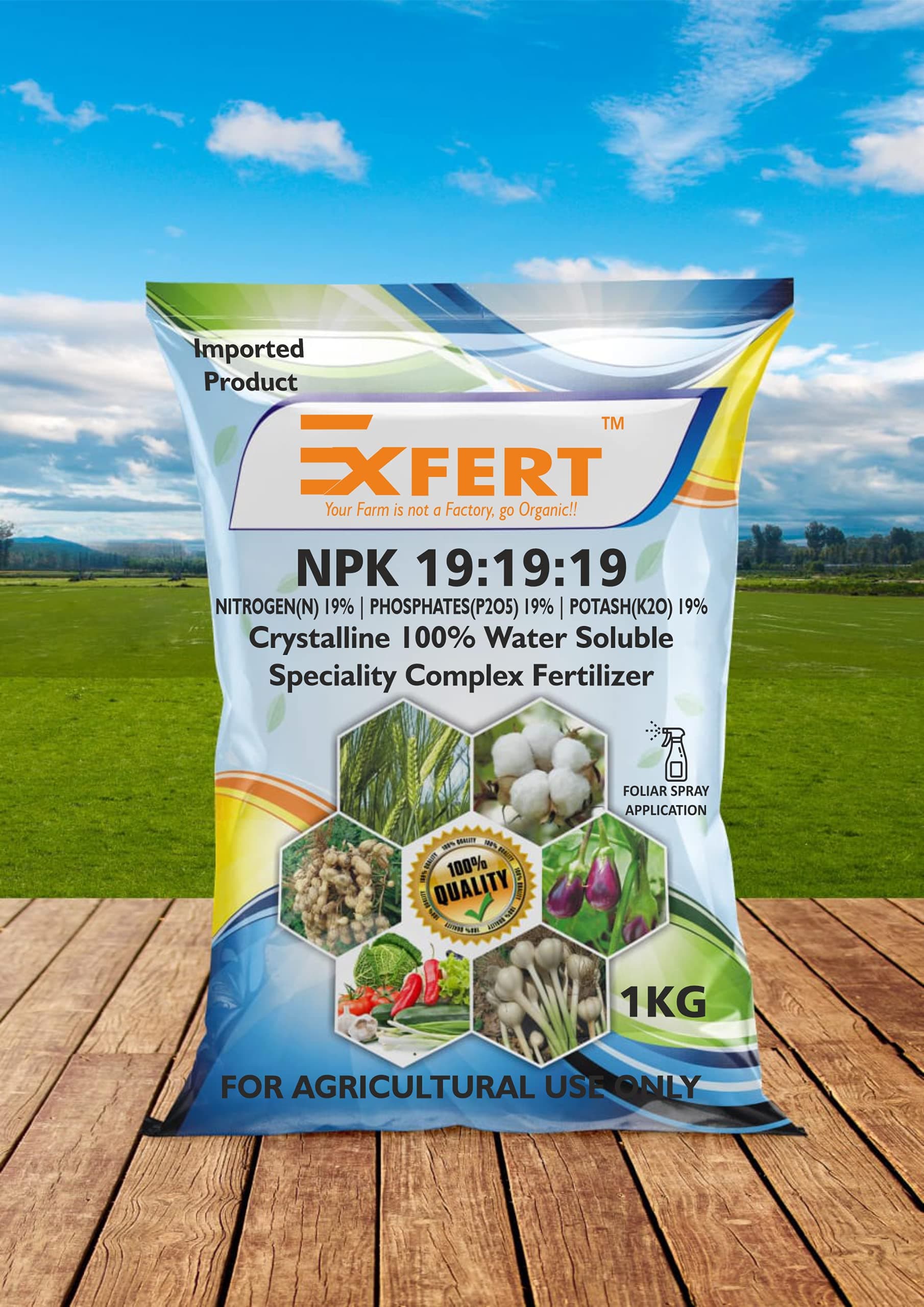 Exfert NPK (19 : 19 : 19) Specialty Crystalline 100% Water Soluble Complex Fertilizer for Plants and Gardening Purpose (Foliar Spray Nutrition) (900 gm)