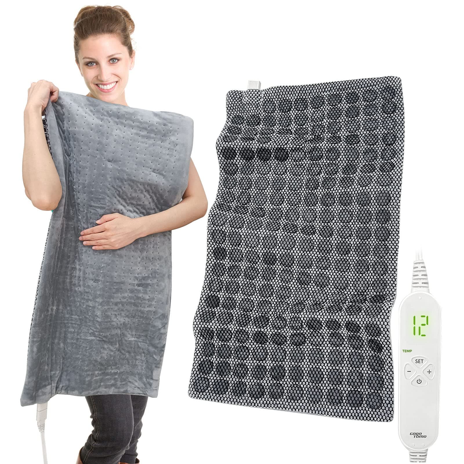 GOQOTOMO Natural Jade Stone Weighted Heating Pad Fast Heating for Shoulders and Back Pain Cramps Relief (33''X17")-JS1733