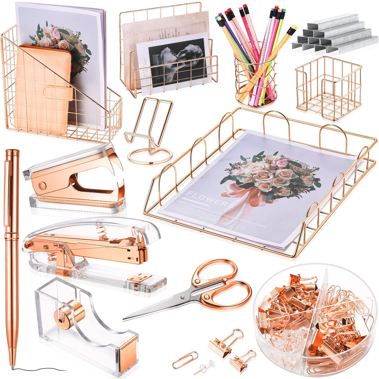 Yaomiao 13 Pcs Desk Accessories Kit Organizer Office Supplies Valentines Women School Gift Acrylic Stapler Staple Remover Tape Holder Pen Cup Magazine File Letter Clip Phone Holder Scissor(Rose Gold)