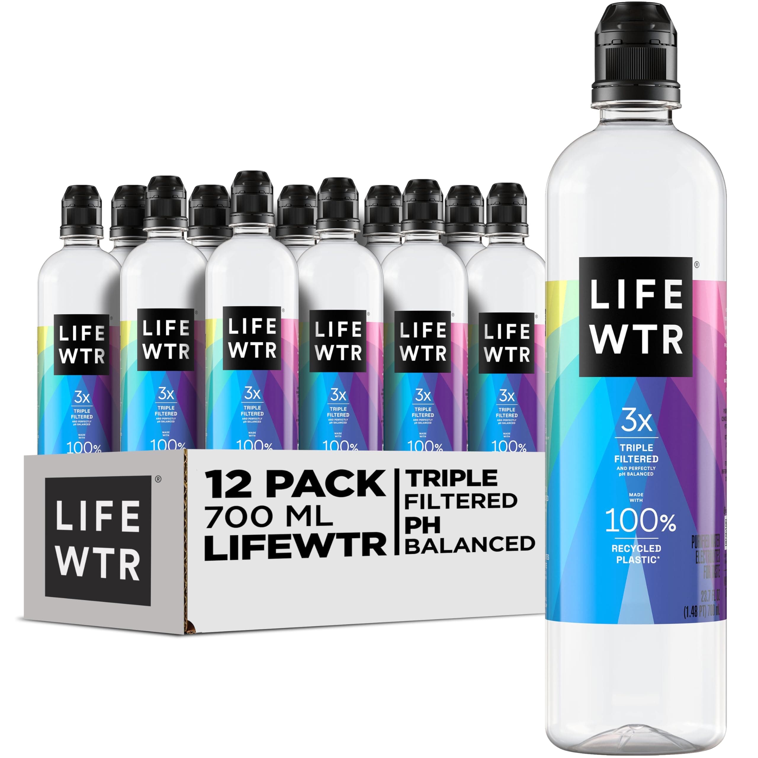 LIFEWTR Premium Purified Water, pH Balanced with Electrolytes, 100% recycled plastic bottles, 23.7 Fl Oz Flip Cap Bottles, 700 mL (Pack of 12)