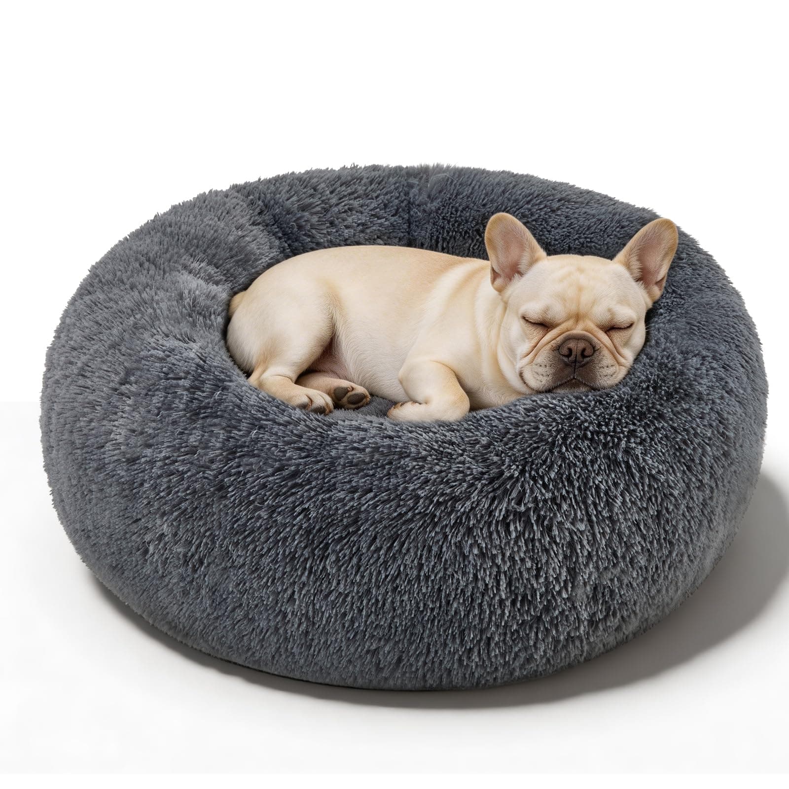 Dog Calming Beds for Small Medium Large Dogs - Round Donut Washable Puppy Dog Bed, Anti-Slip Faux Fur Fluffy Donut Cuddle Anxiety Cat Pet Bed(28" Dark Grey)