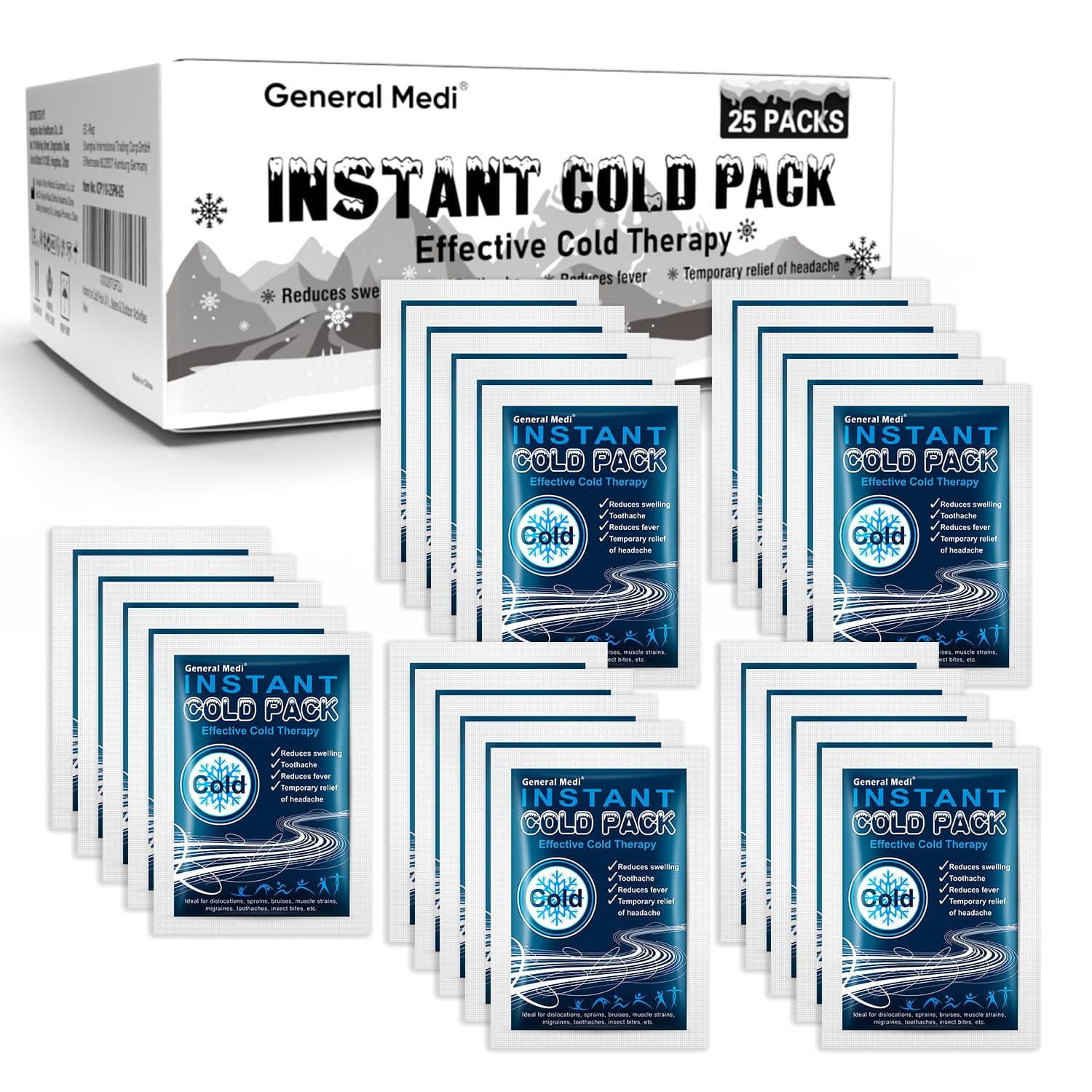 Instant Cold Pack (4”x 5.5”) – Set of 25 Disposable Cold Therapy Ice Packs for Pain Relief, Swelling, Inflammation, Sprains, Strained Muscles, Toothache – for Athletes & Outdoor Activities