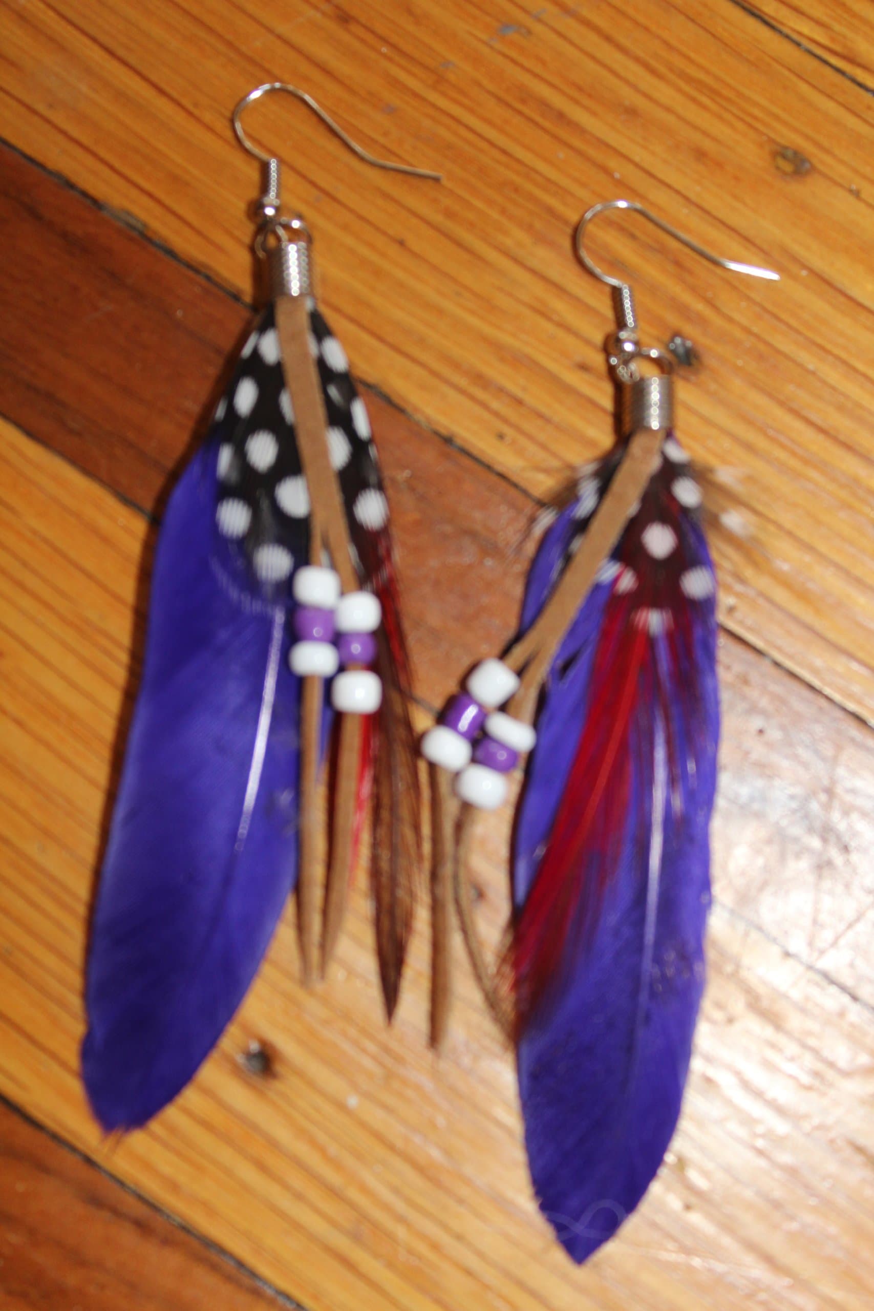 Natural Feather Fashion Earrings with Leather, Blue Tones